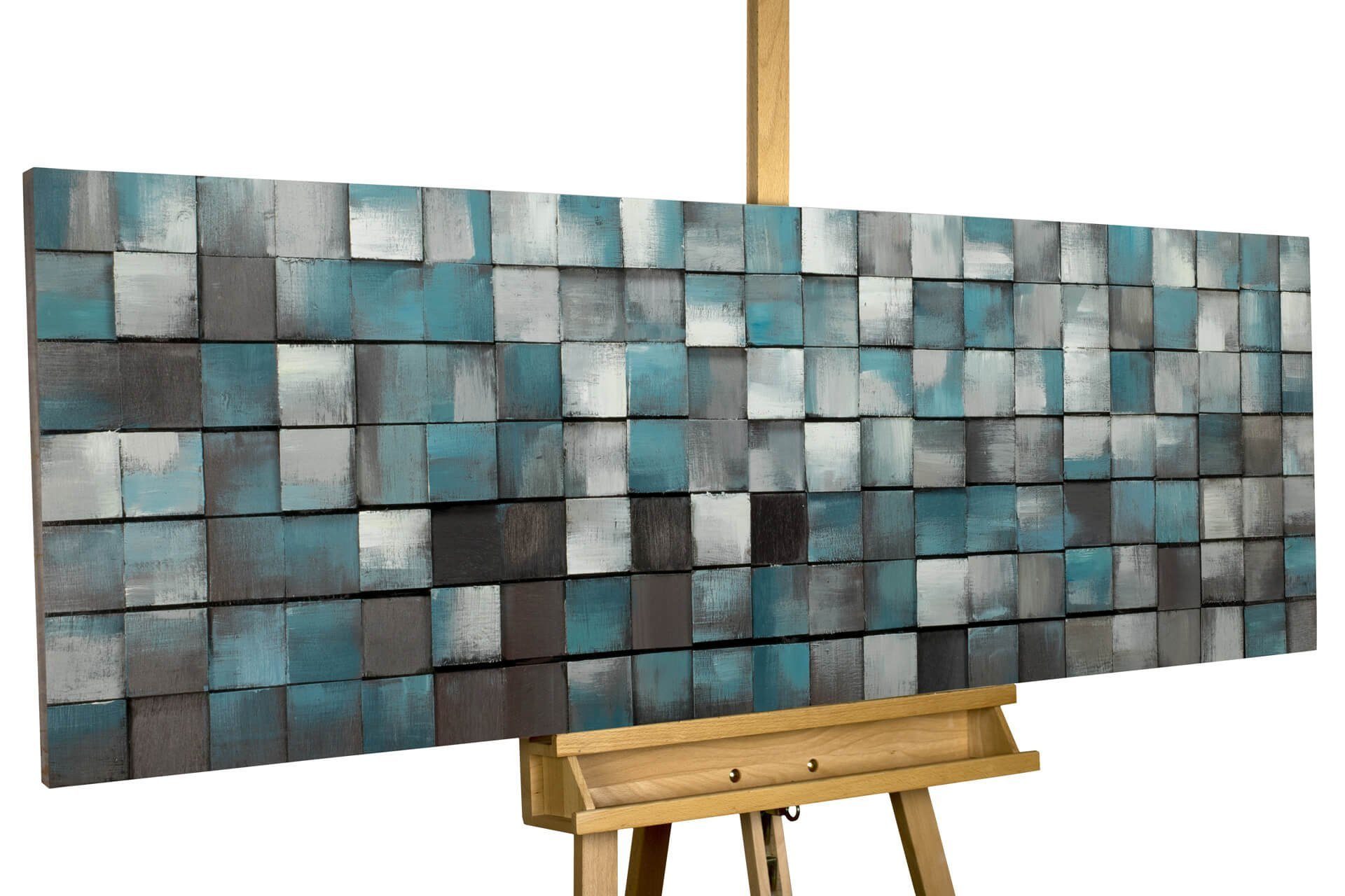KUNSTLOFT Holzbild Ruhe des Blauen 150x50 cm, handgefertiges Wandbild aus Holz