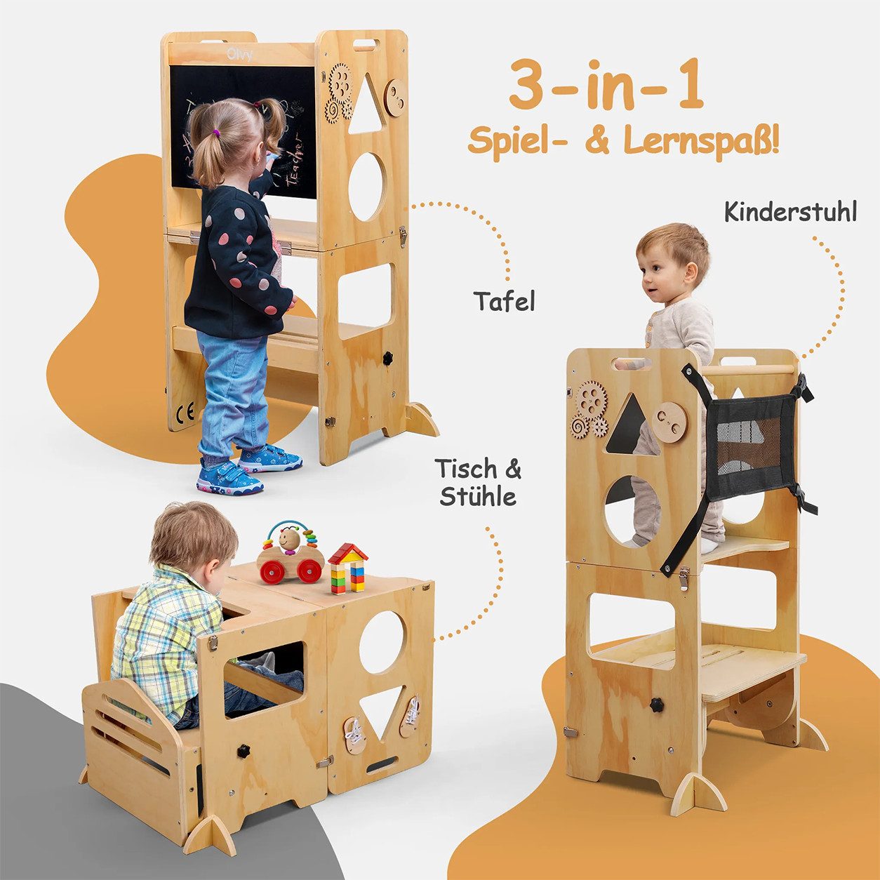 Olvy Stehhilfe Lernturm aus Holz, für Kinder ab 1 Jahr mit Rausfallschutz, 3-in-1 (1 St), klappbar, mit Kreidetafel und Montessori Spiel, glatte Kanten – Bild 4 von 5