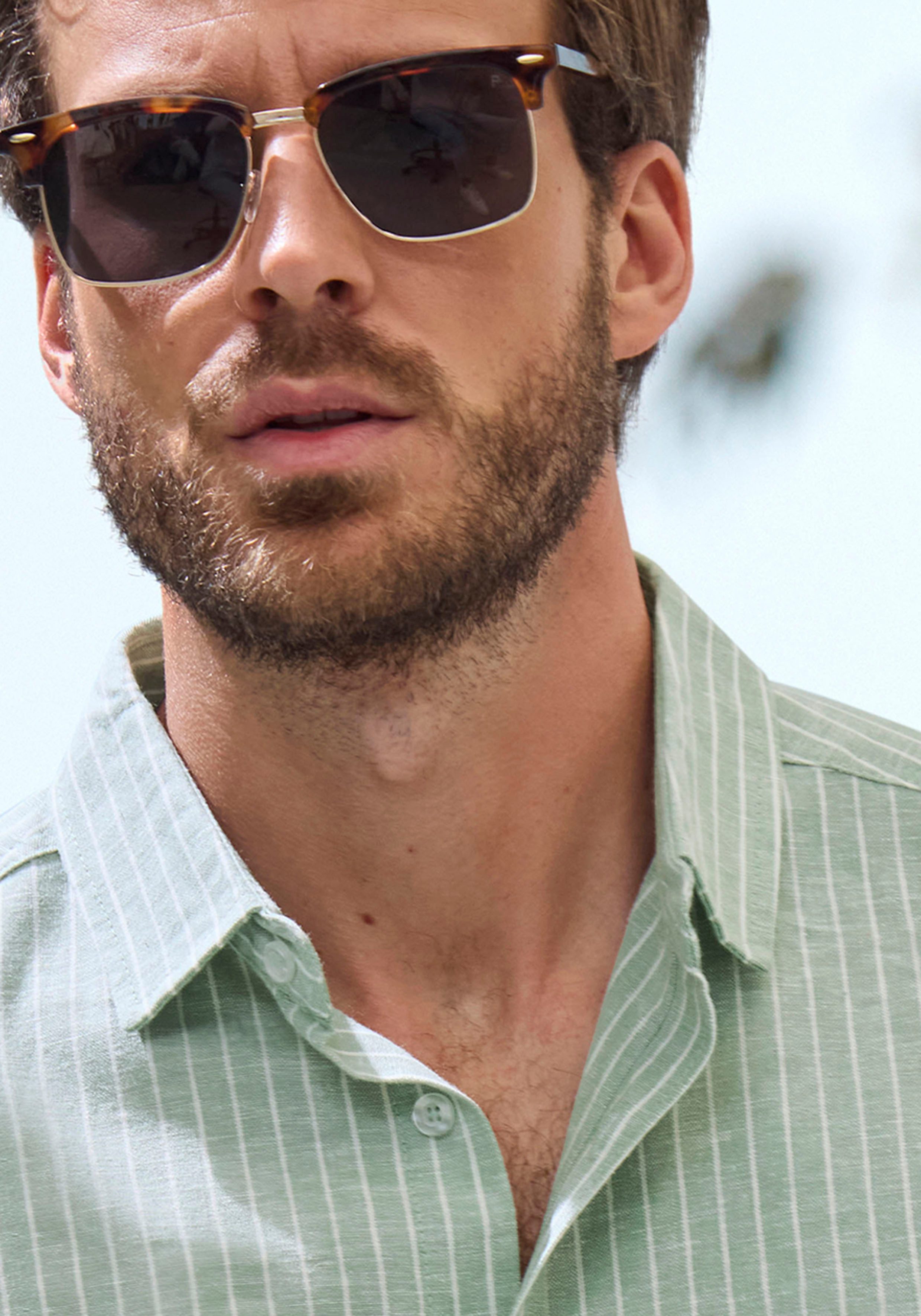 John Devin Langarmhemd in Leinenoptik, Streifenhemd aus reiner Baumwolle, regular-fit