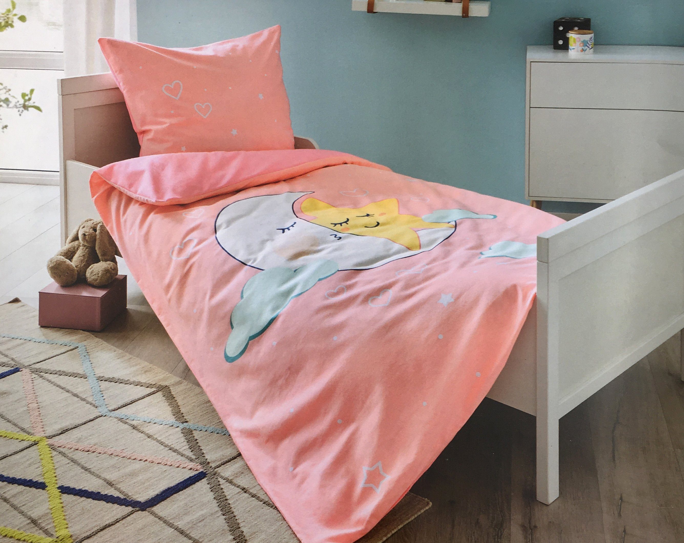 soma Kinderbettwäsche Biber 2tlg 135x200cm Mond Moon Stern Gute nacht Rosa Herz, Baumwolle, 2 teilig, kinderbettwäsche 135x200 biber kinder bettwäsche für Kinder