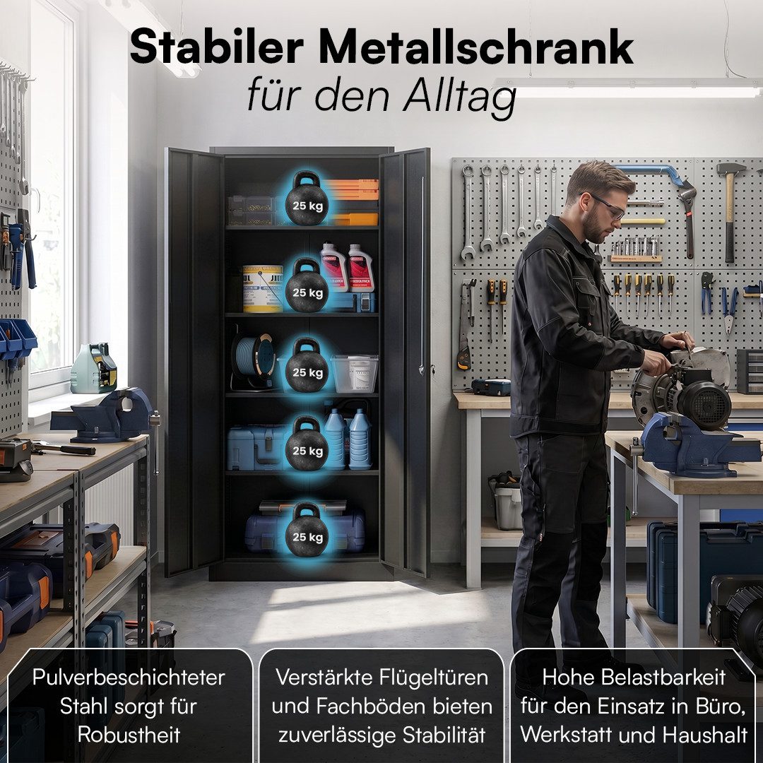STEELSØN Aktenschrank Regulus aus Stahl, abschließbar (Schwarz) Spindschrank mit 4 höhenverstellbaren Einlegeböden, inkl. Schloss
