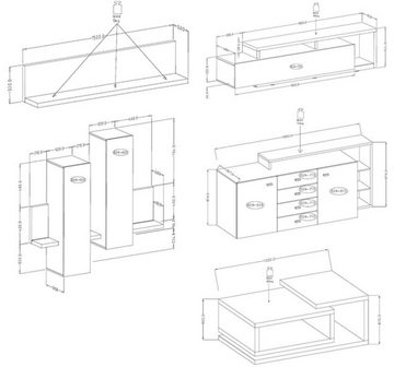 Helvetia Wohnwand Broto, (1 Lowboard, 1 Hängeschrank, 1 Wandregal, 1 Couchtisch, 1 Sideboard, 5-St., Kunststoffgriffe ohne Beleuchtung), 821x60x142cm schwarz matt 5 Teilig