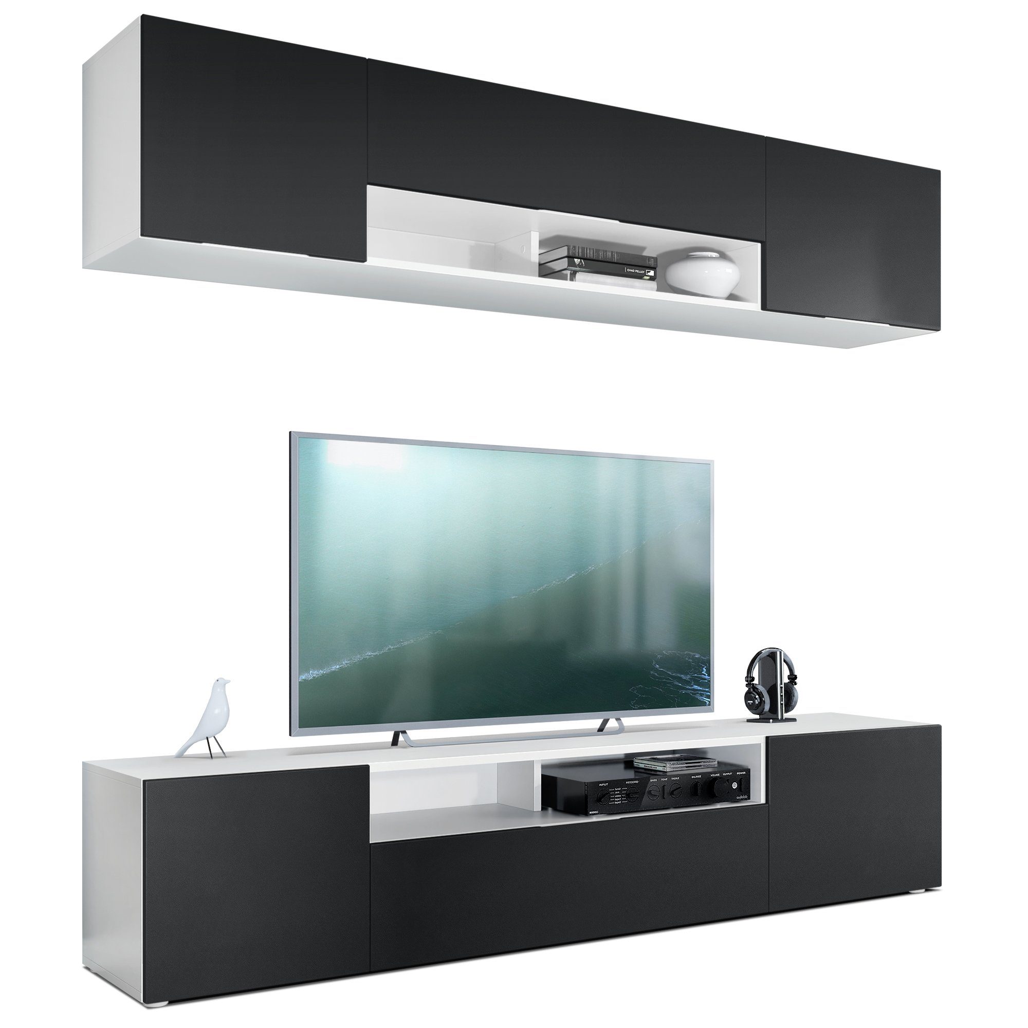 Vladon Wohnwand Mogan, (Anbauwand bestehend aus 2 TV-Boards, mit jeweils 2 Türen, 1 Klappe und 1 offenes Fach), Weiß matt/Schwarz matt 2x (181 x 39 x 35 cm)