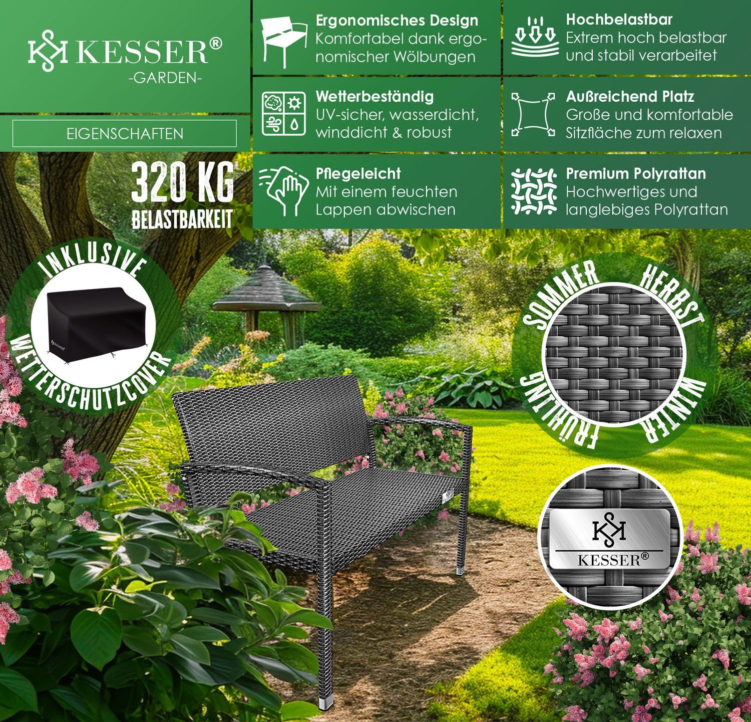 KESSER Gartenbank, Polyrattan 2-Sitzer Wetterfest, Rattan-Sitzbank UV-Beständig