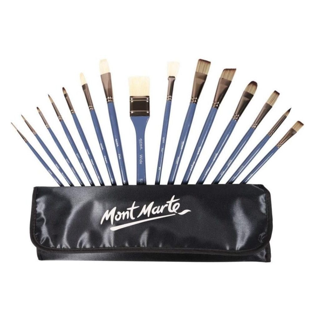 Mont Marte Malpinsel 15-teilig Set – Hochwertige Taklon & Borstenpinsel mit Magnettasche, (15 St), geeignet für Aquarell, Acryl, Öl, Gouache & Tempera-Malerei