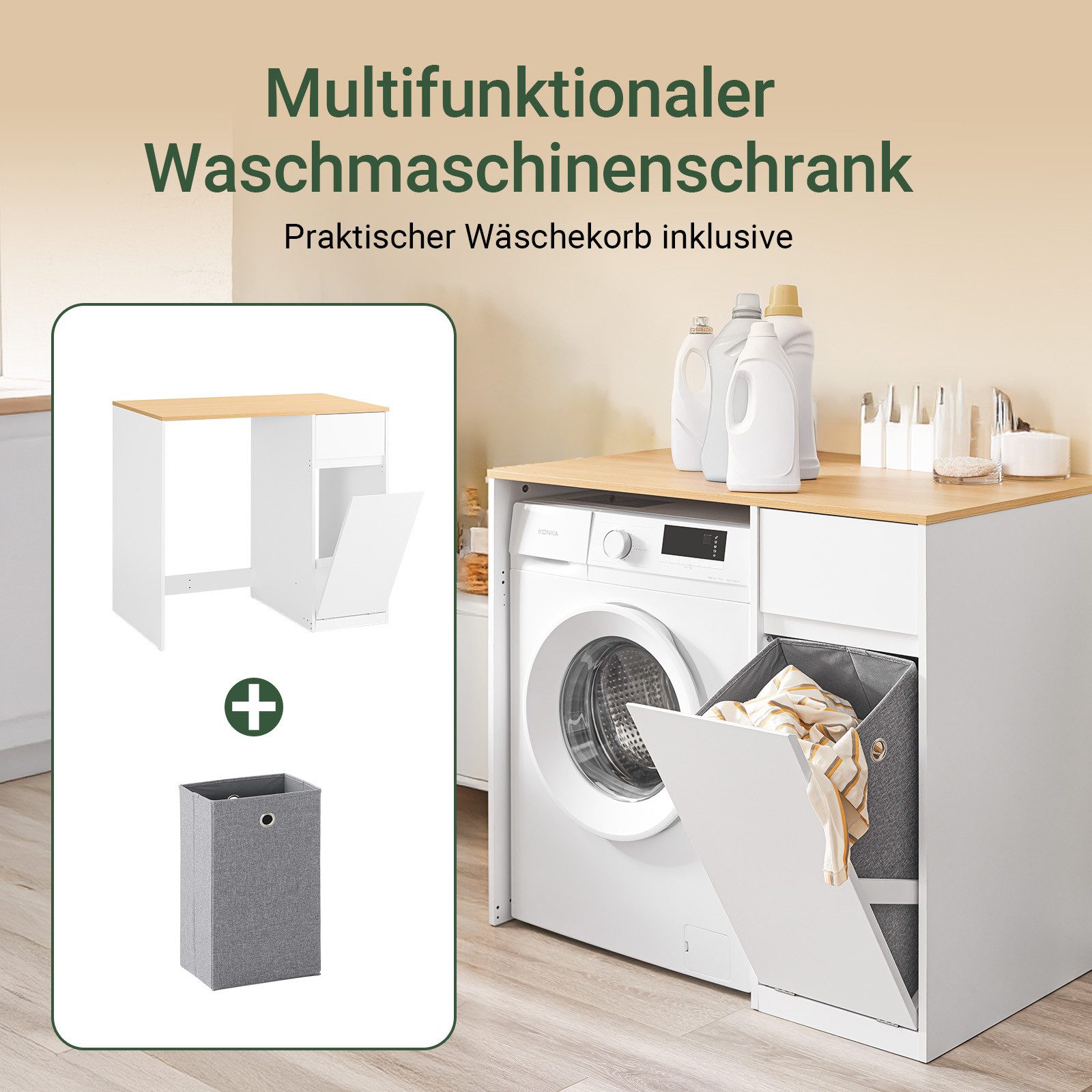 SoBuy Waschmaschinenumbauschrank BZR217, Badezimmerschrank mit Wäschekorb, Waschmaschinenregal Waschmaschinenschrank mit Schublade, Badkommode Waschmaschine Trockner