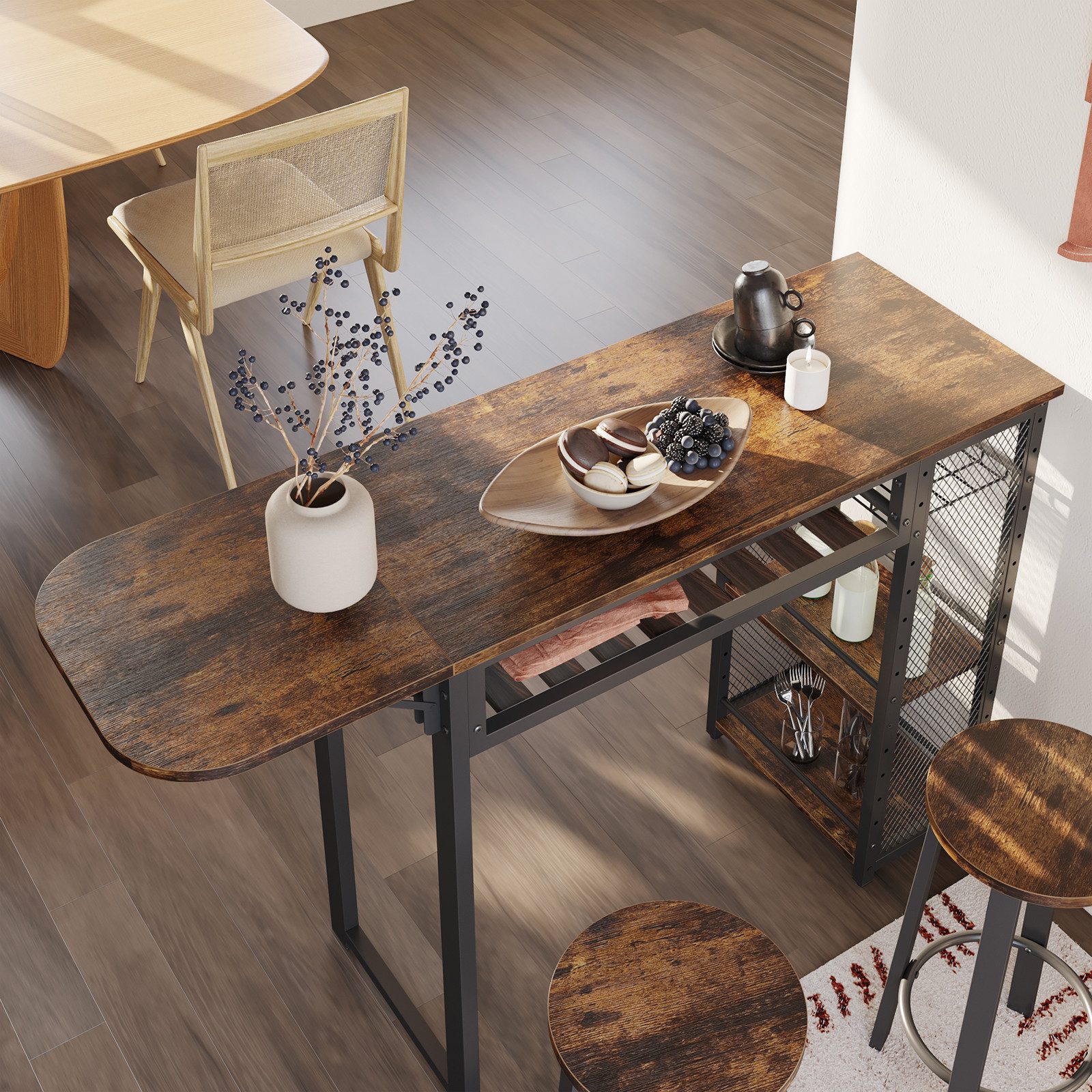 Bestier Bartisch Ausziehbarer Küchentisch mit 2 Hockern (Set, 1 Tisch und 2er-Set Hocker), Weinregal & 3 Ablagen für Küche, Esszimmer – Bild 3 von 5
