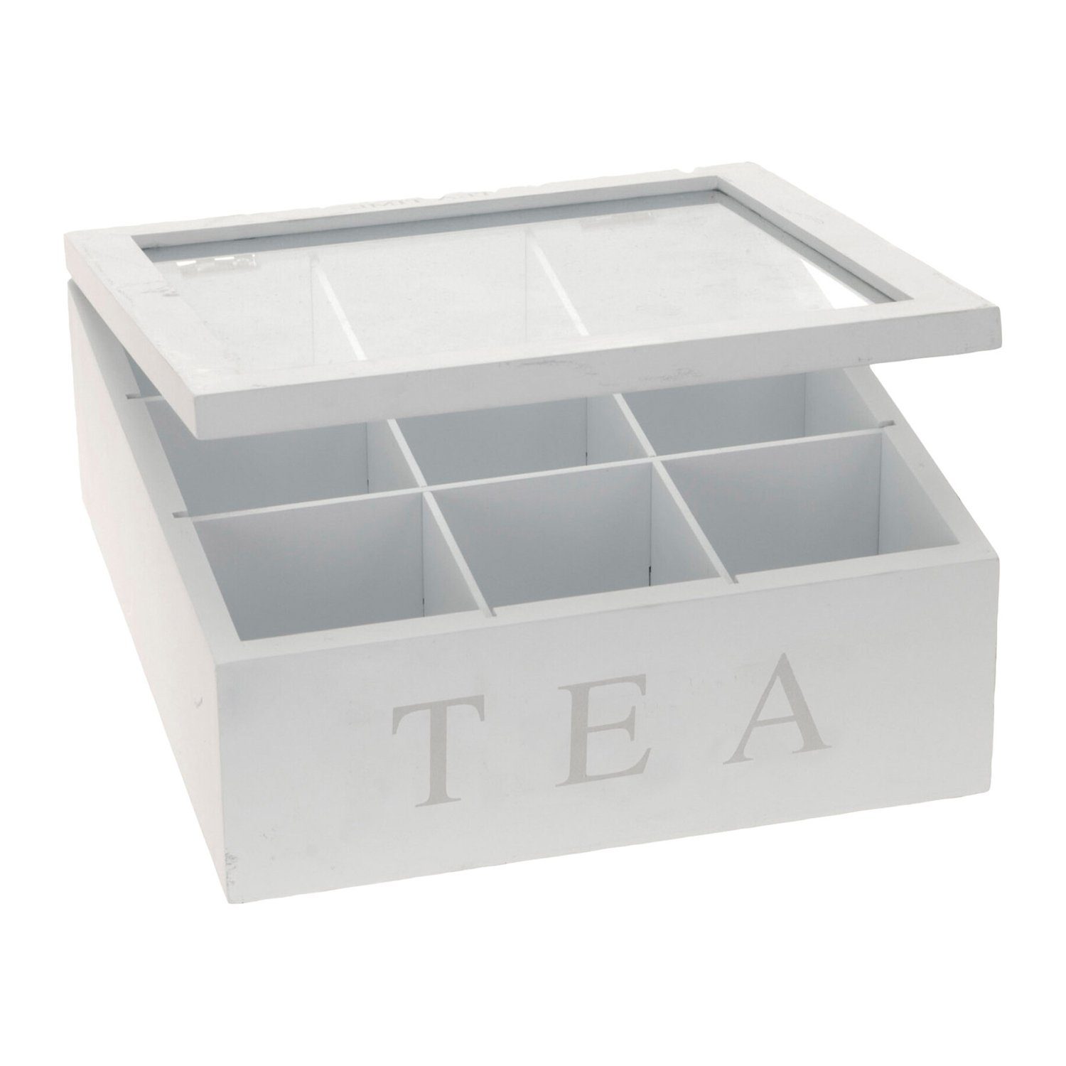 INDA-Exclusiv Nähkästchen Teebox Holz Weiß Deckel 9-Fächer mit Aufschrift TEA