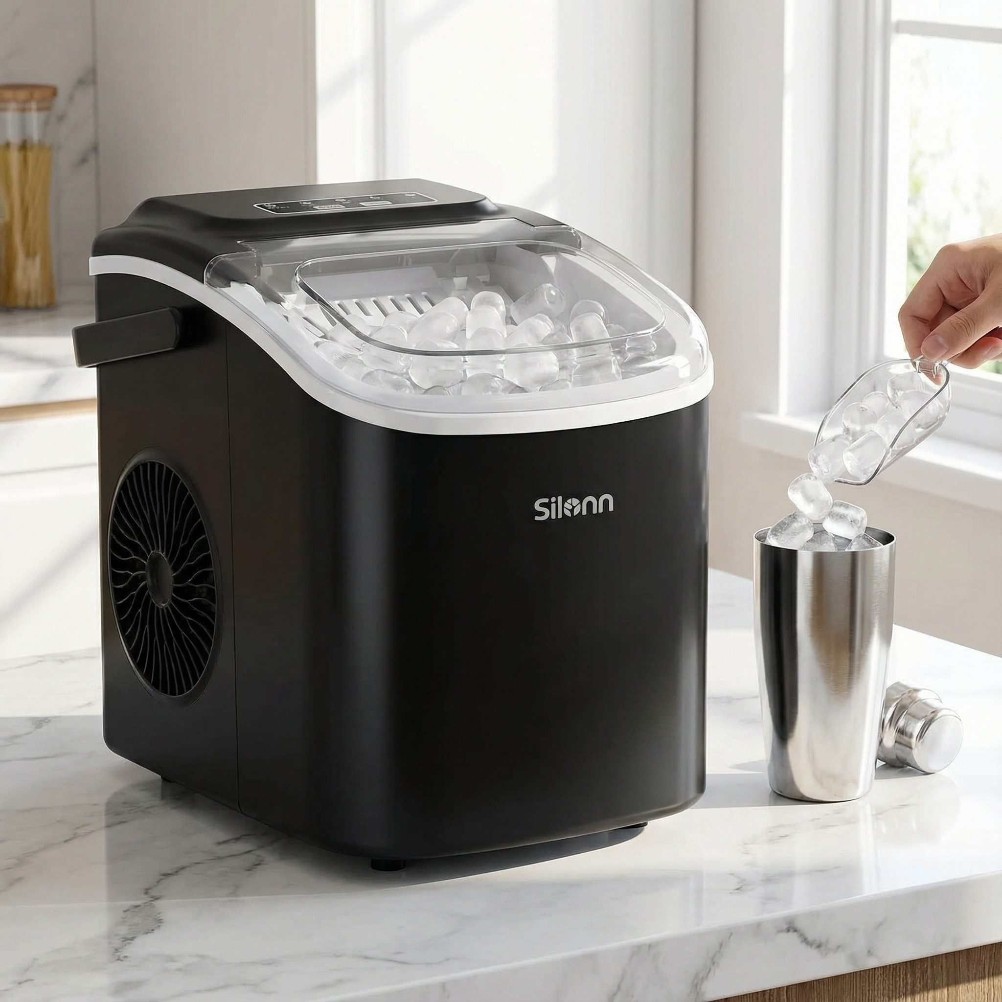 Silonn Eiswürfelmaschine 9 Würfel in 6 Min, 12 kg/Tag, 2 Eisgrößen, Eiswürfelbereiter, Tragbar, Selbstreinigend, Energiesparend, ≤ 45 dB - Für Haushalt, Camping