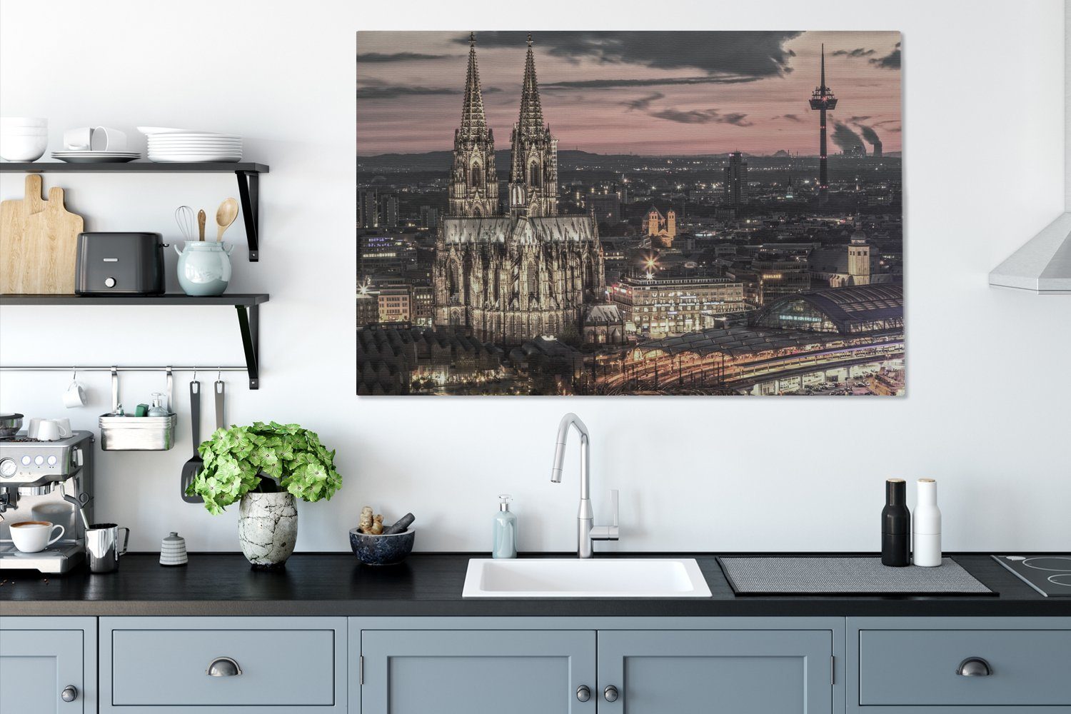 OneMillionCanvasses® Leinwandbild Der gotische Dom in XXL, St), Köln, alle (1 Wandbild Wohnbereiche, Dämmerung großes, in cm Gemälde, für der 120x80