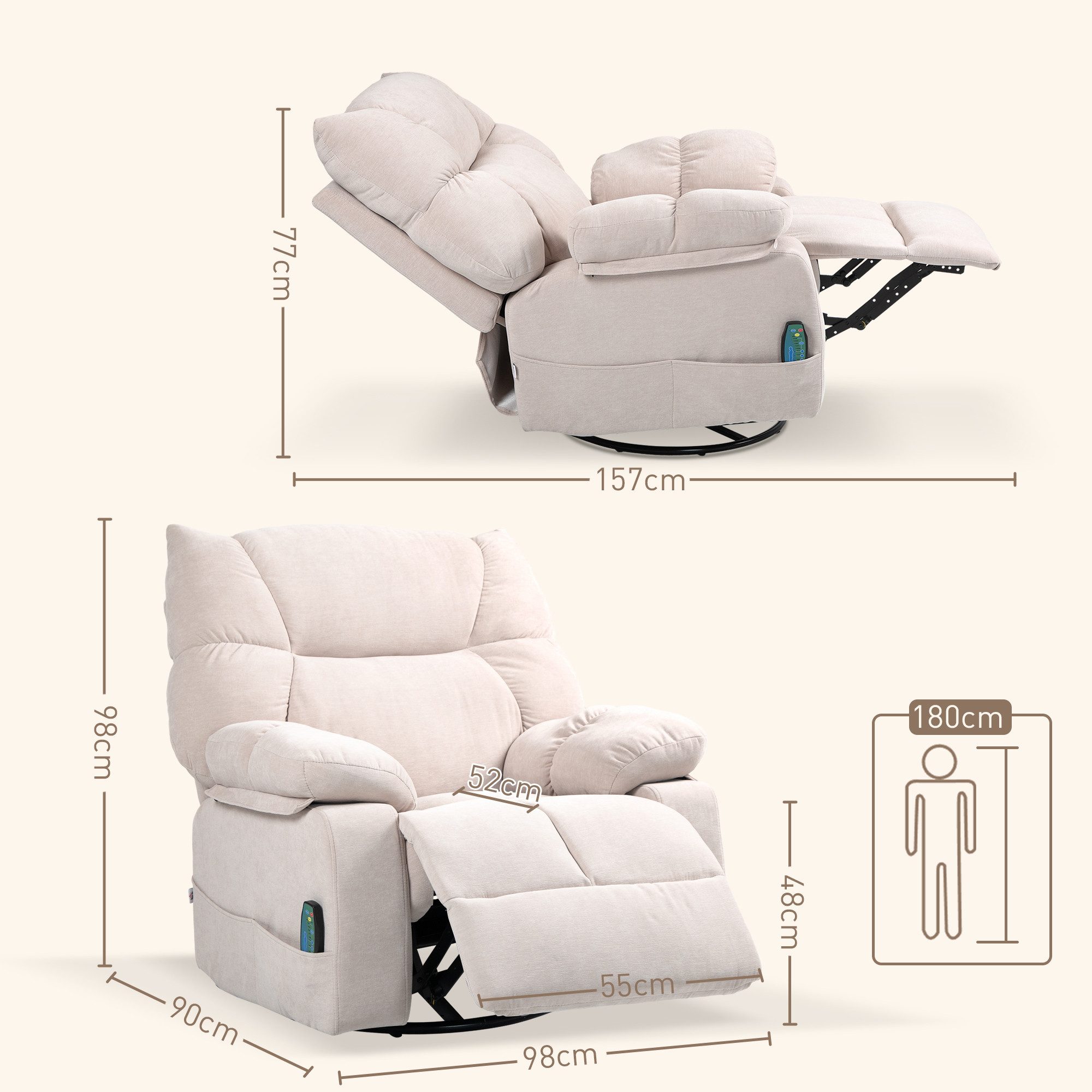 HOMCOM Massagesessel Fernsehsessel, TV-Sessel, 360° drehbar (Ruhesessel, 1-St., Relaxsessel), für Wohnzimmer, Beige