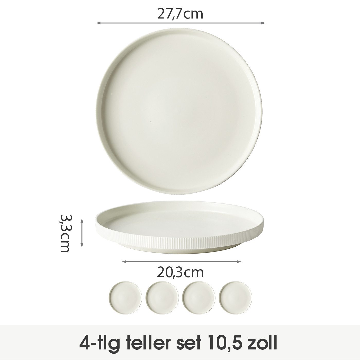 JIWOO Teller 4er Ø27,7cm, Speiseteller Steakteller Dessertteller Brotteller Plate, (4 St), Keramik Hochwertiges Tellerset Weiß Mikrowellen spülmaschinenfest