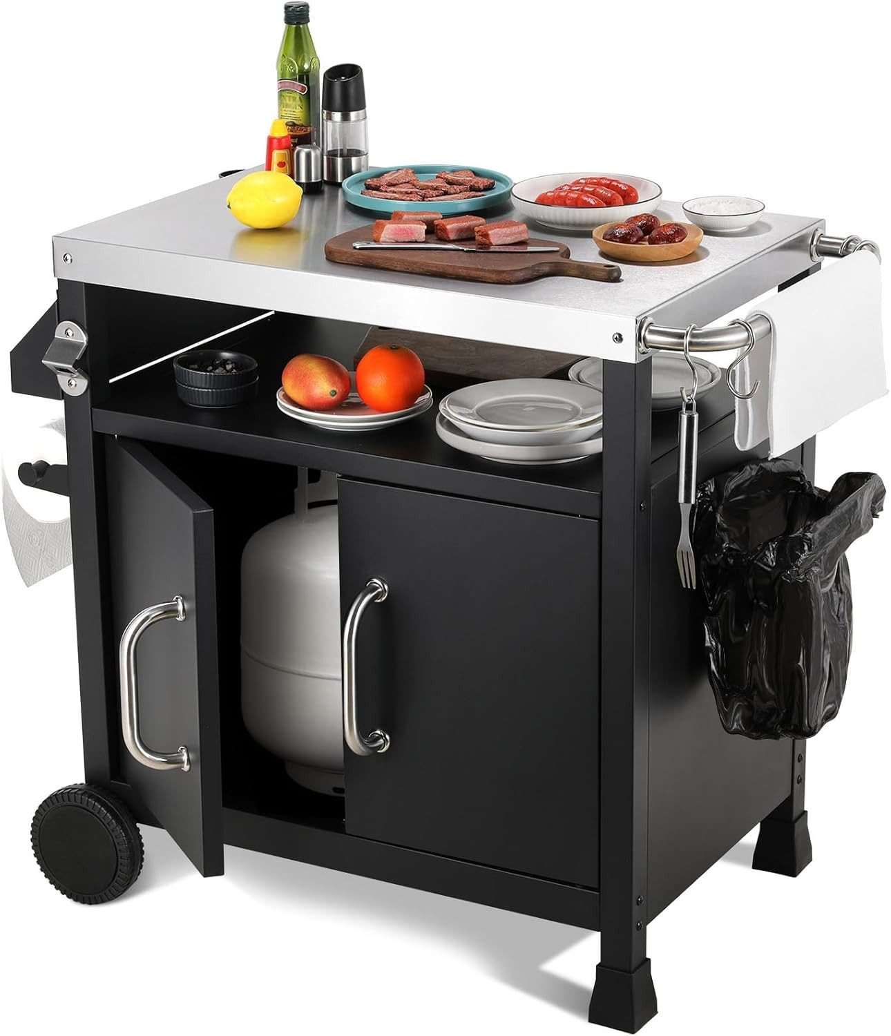 TLGREEN Grillablagetisch, Edelstahl Servierwagen 3-Etagen (92.5 x 58 x 82 cm Küchenwagen Edelstahl), Küchentrolley mit Schrank Rollen Haken,BBQ Beistellwagen Küchenwagen