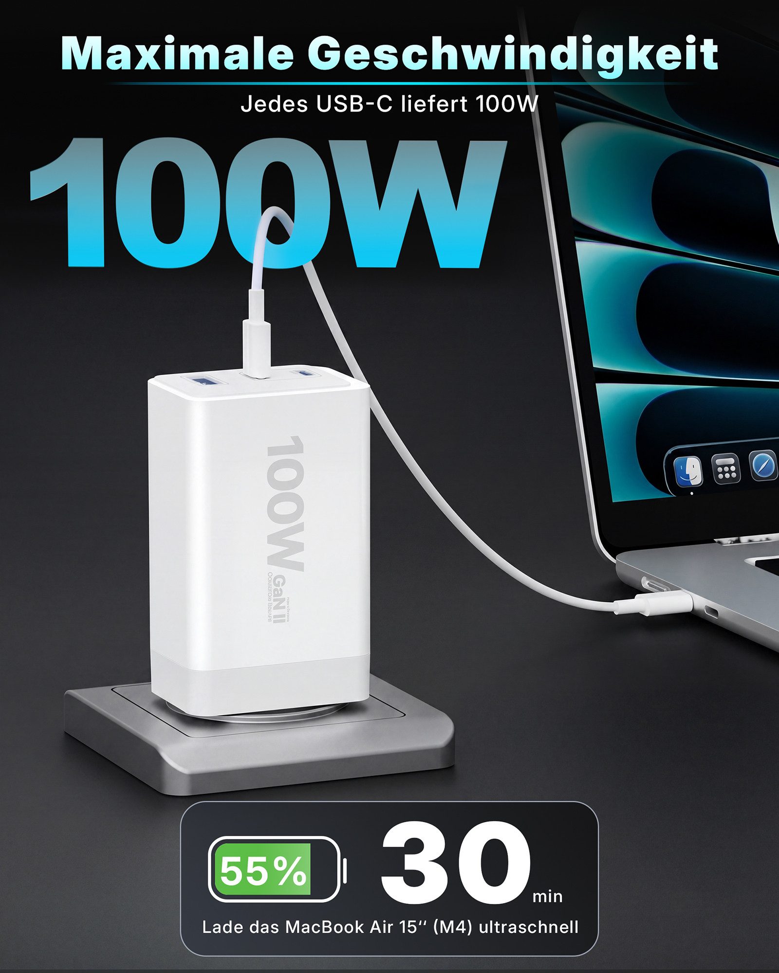 GreenHec USB C Ladegerät 100w - GaN III Labtop, Macbook Mehrfach Charger PPS USB-Ladegerät (5,00 mA, Packung, 100w, Fast Charge Netzteil, Schnelllade Stecker iP – Bild 2 von 5