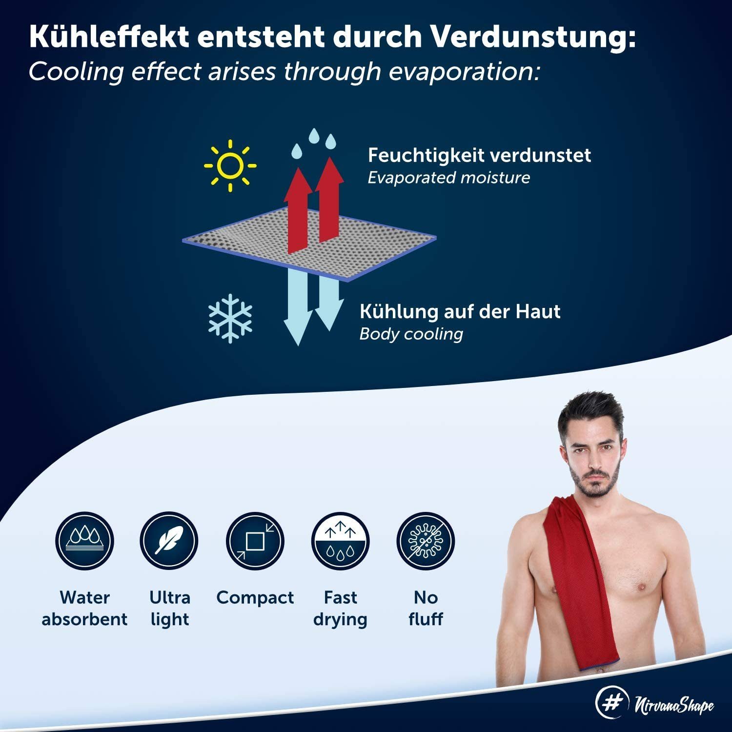 Dunkelblauer mit / kühlendes Ideal ultraleicht, eiskalt NirvanaShape & Handtuch, Kühlwirkung Freizeit Rot Rand sofortiger sofortiger Handtücher Sport für Kühlwirkung, Kühl-Tuch