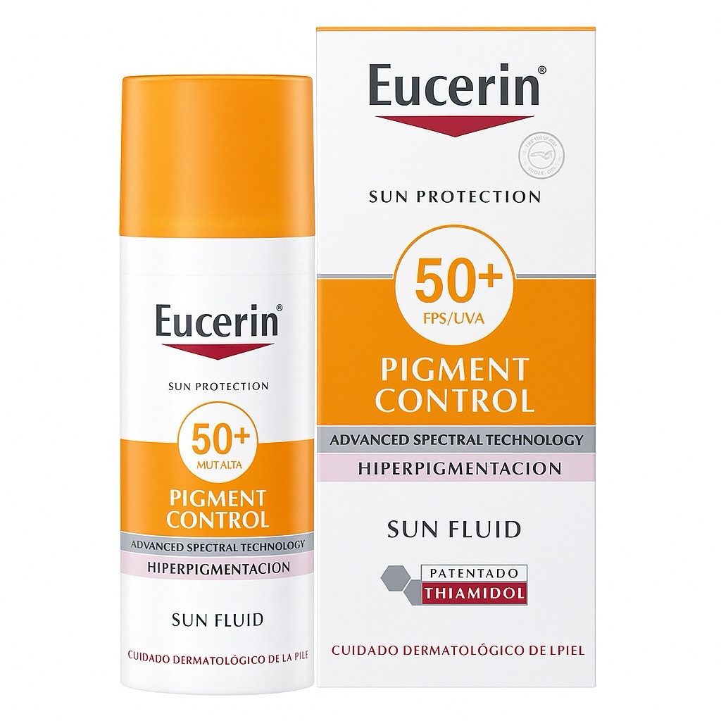 Eucerin Sonnenschutzcreme Pigment Control Sun Fluid LSF 50+ – Hoher UV-Schutz für Gesicht, Thiamidol & Licochalcone A reduzieren, Pigmentflecken sichtbar & verhindern neue – 50 ml