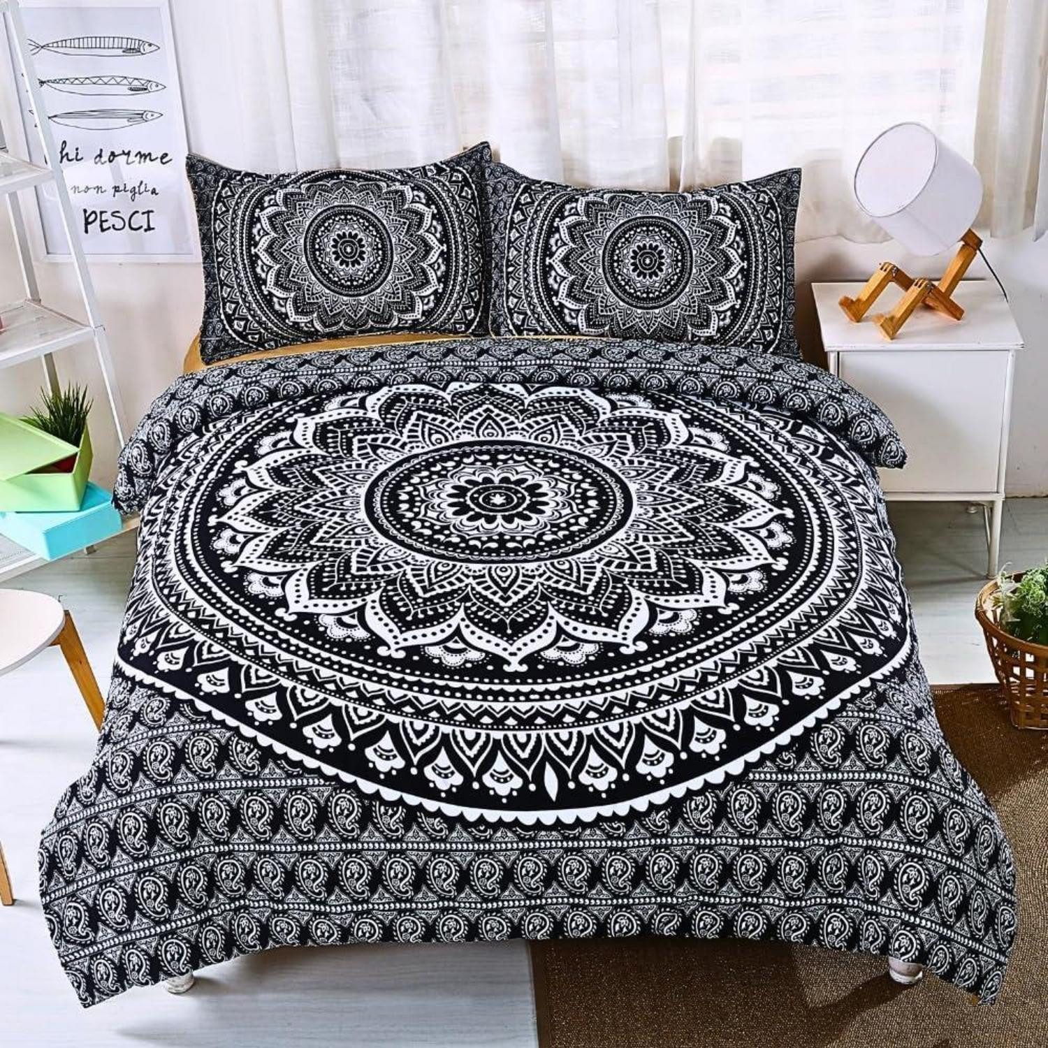 LuxusKollektion Bettwäsche Bettwäsche 135x200 Weiß Schwarz Blumen Mandala