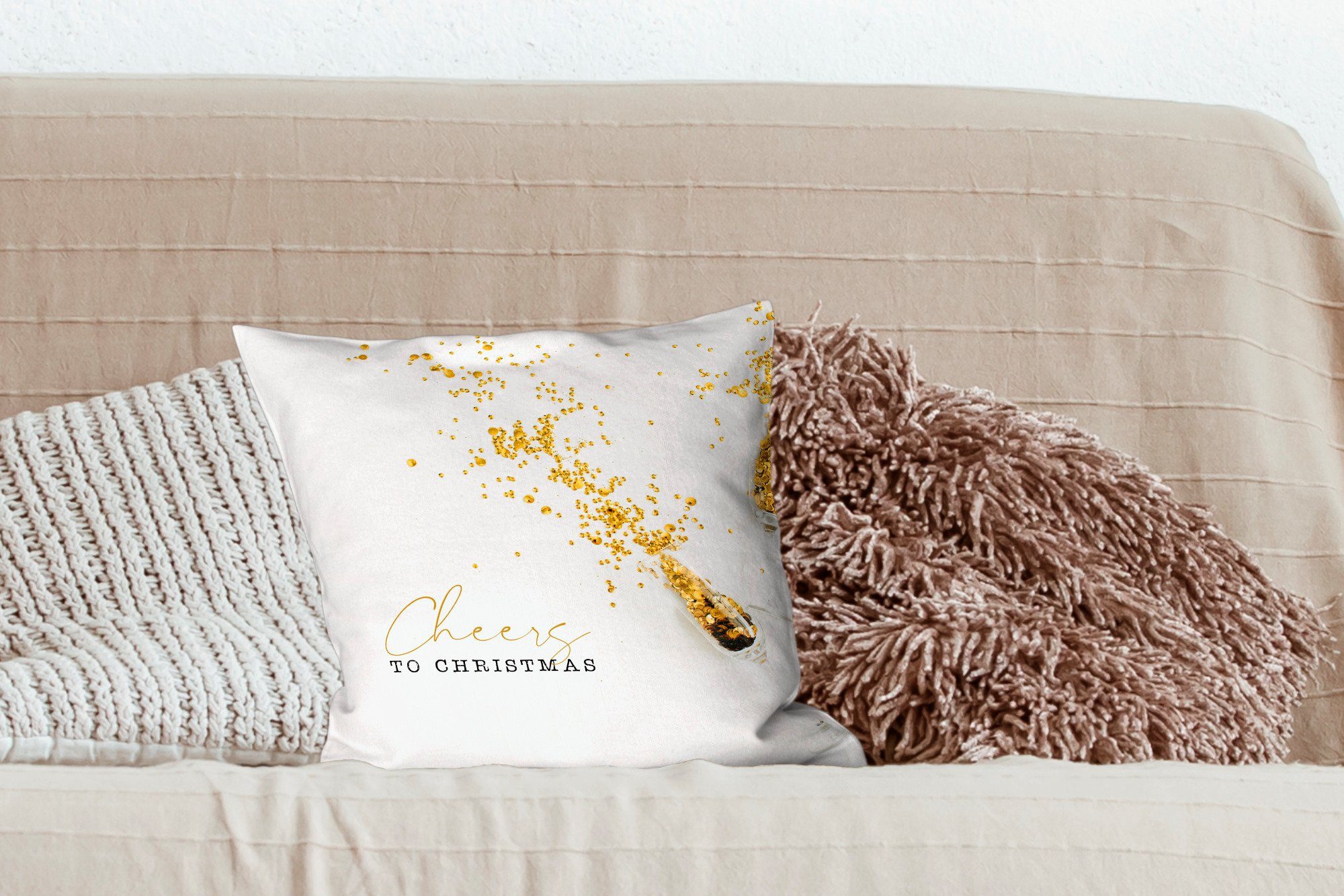 Deko, Füllung Weihnachten mit Winter Zierkissen für - Wohzimmer, - Schlafzimmer, Sofakissen MuchoWow Gold, Dekokissen