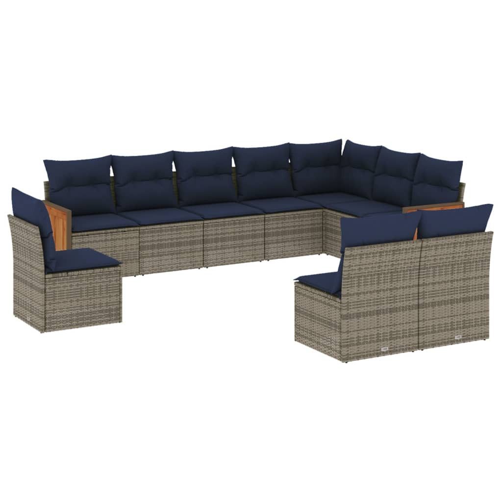 Gartenlounge-Set 10-teiliges Gartensofa-Set mit Kissen, grau, Polyrattan