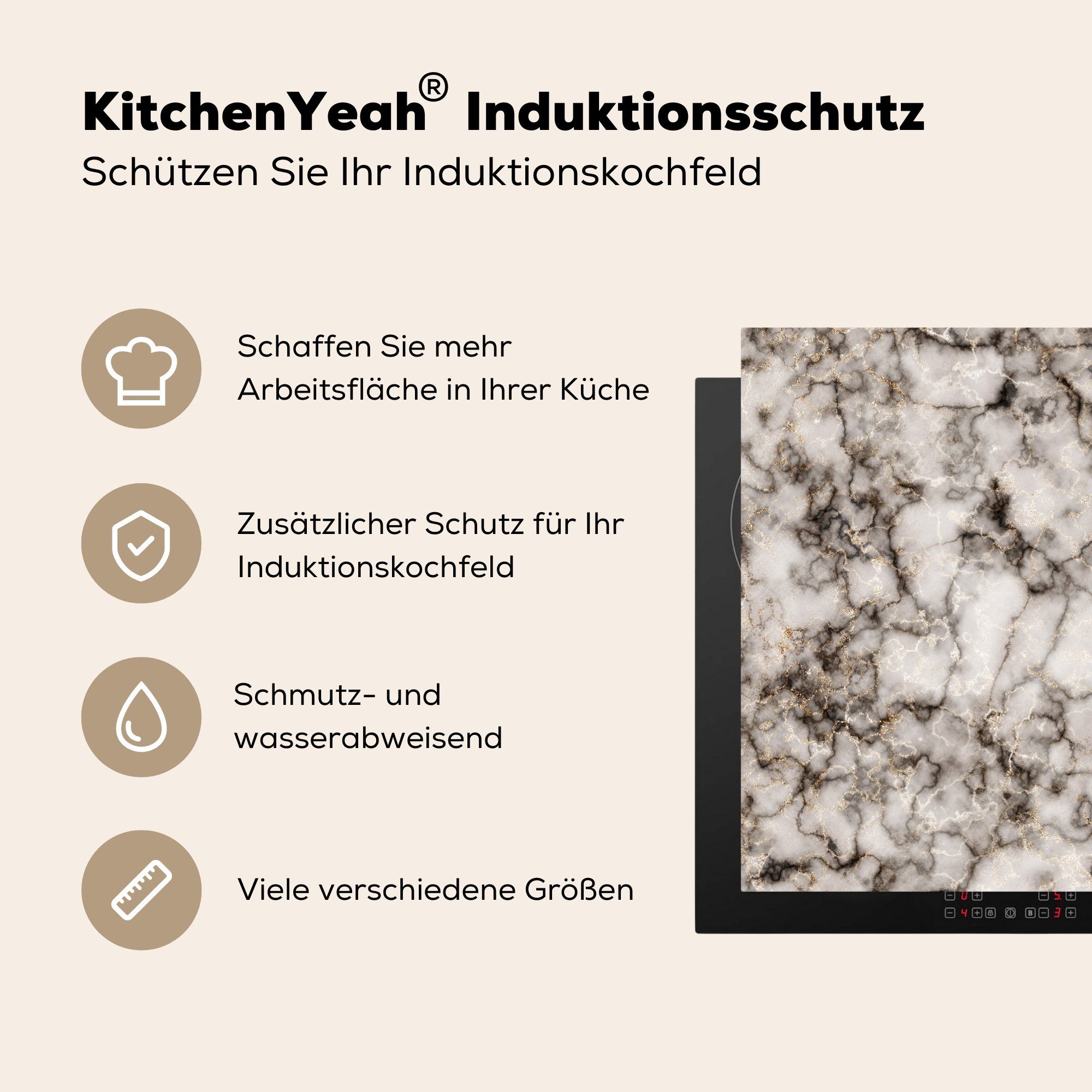 MuchoWow Herdblende-/Abdeckplatte Marmor tlg), cm, Ceranfeldabdeckung, Weiß Arbeitsplatte - Gold, 78x78 - für küche Vinyl, (1