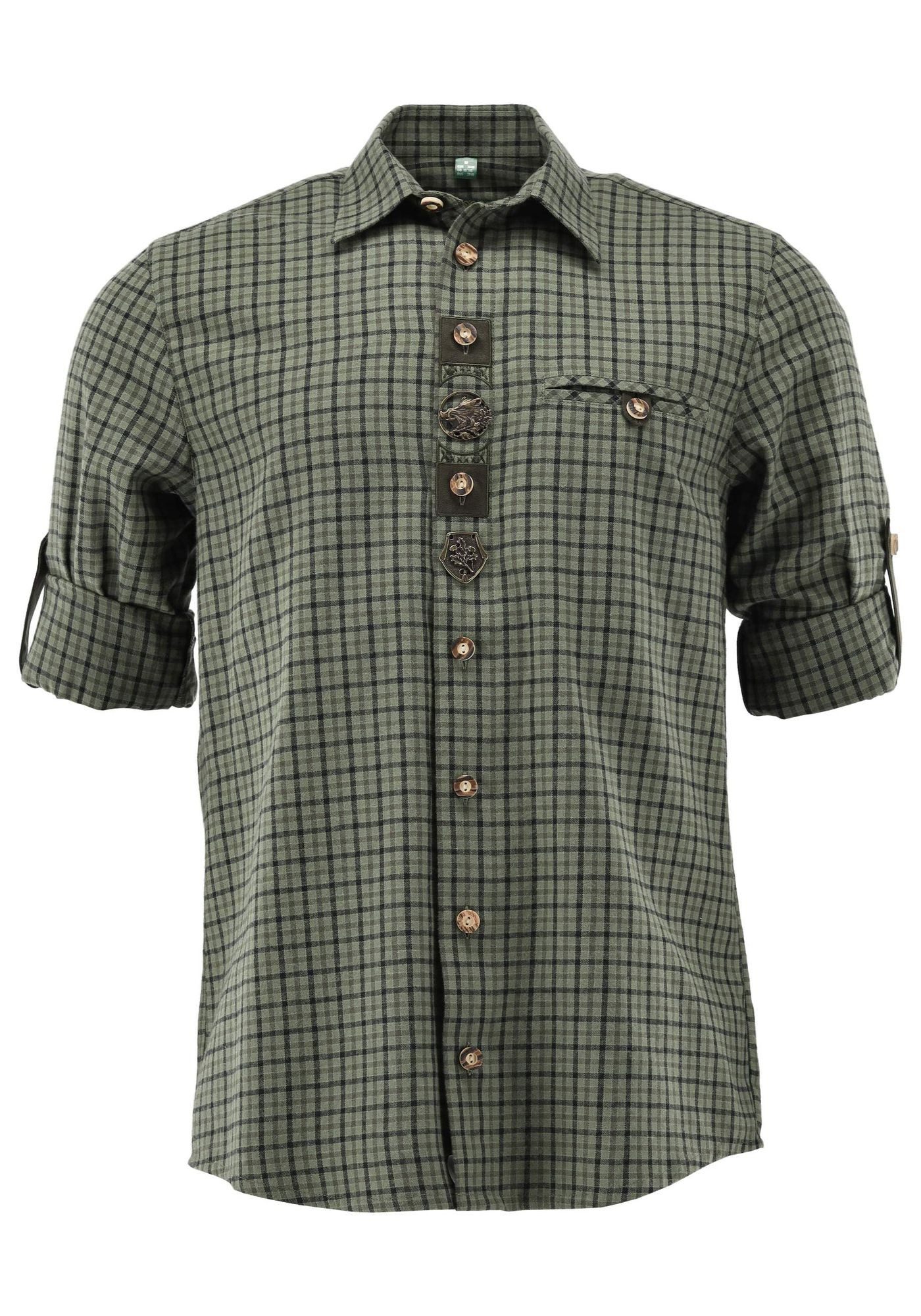 OS Trachten Outdoorhemd Daufam Regular Fit, Liegekragen, Krempelarm, Stick, Zierteile, Flanell-Karo