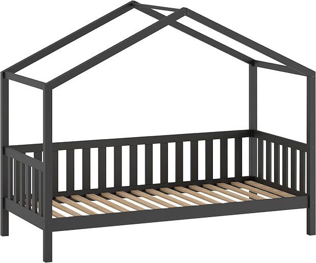 Vipack Hausbett Dallas, mit Dachaufbau, Kiefer massiv, stabil gebaut (B/H/T ca. 210x170x97cm, mit Sprossenumrandung), wahlweise mit oder ohne Bettschublade