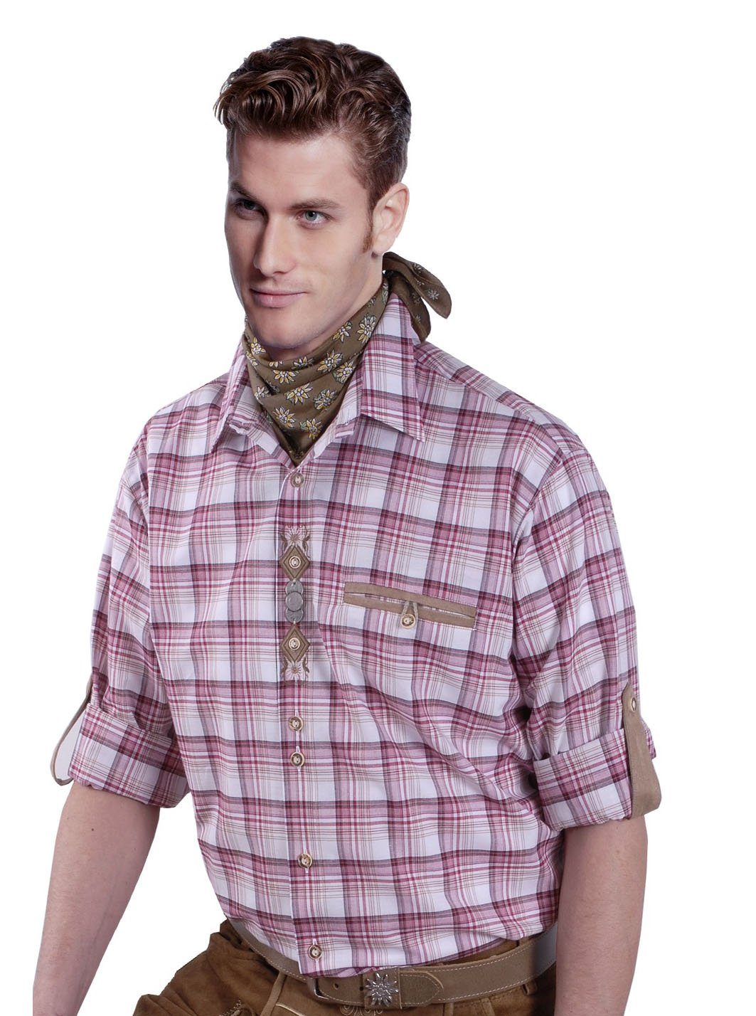 Moschen-Bayern Trachtenhemd Trachtenhemd Herren kariert Edelweiß Wiesnhemd Langarm Kurzarm Rot