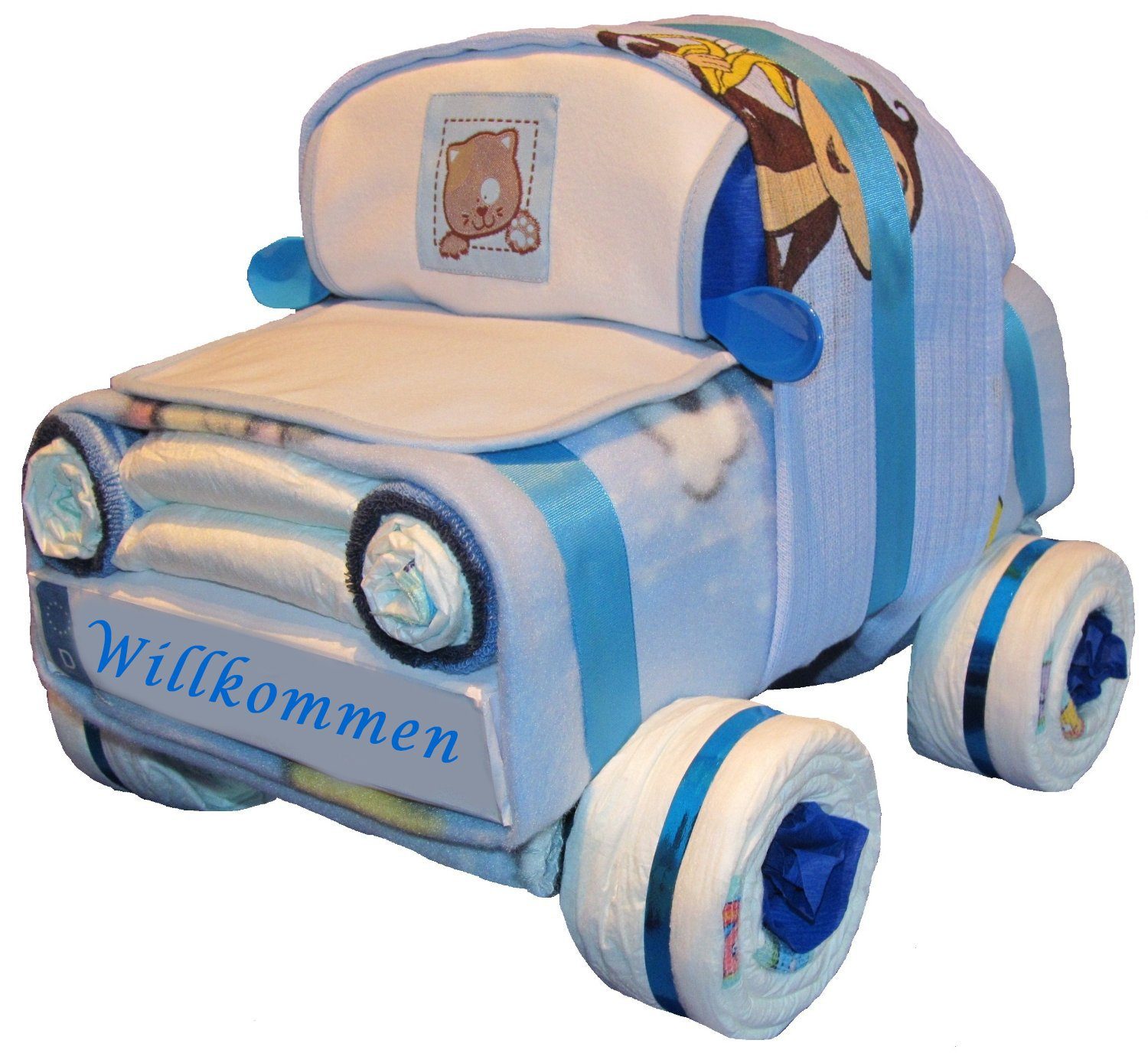 Geschenketorten-Gebhardt Windeln Windeltorte Windelauto Windelfahrzeug mit Willkommen Kennzeichen, Windelgeschenk blau