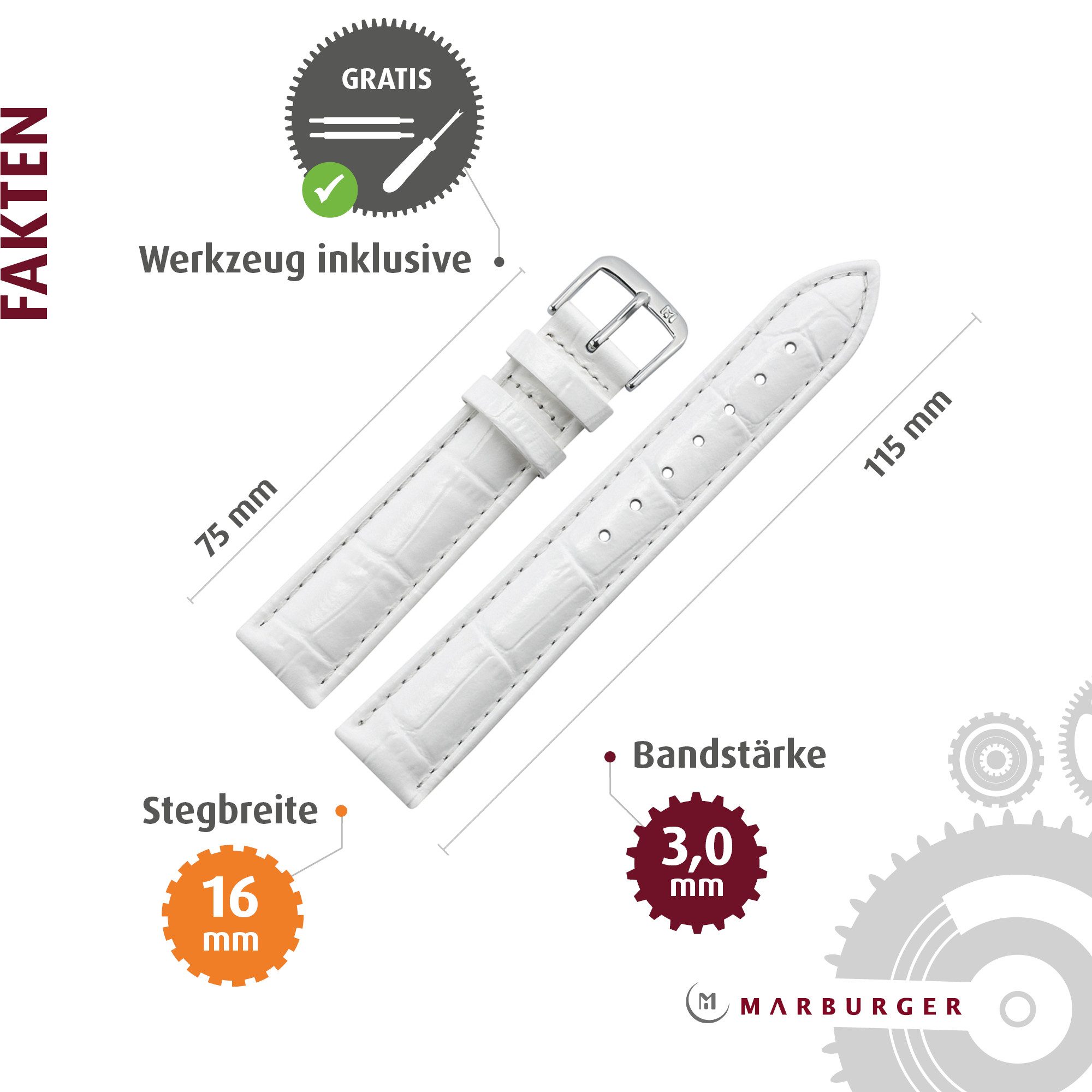 MARBURGER Uhrenarmband 16mm Leder Alligator Prägung