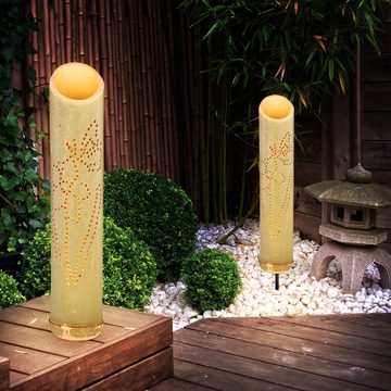 etc-shop LED Solarleuchte, LED-Leuchtmittel fest verbaut, Warmweiß, LED Steckleuchte Bambus Solarleuchte Erdspieß Bambus Solar Lichteffekt