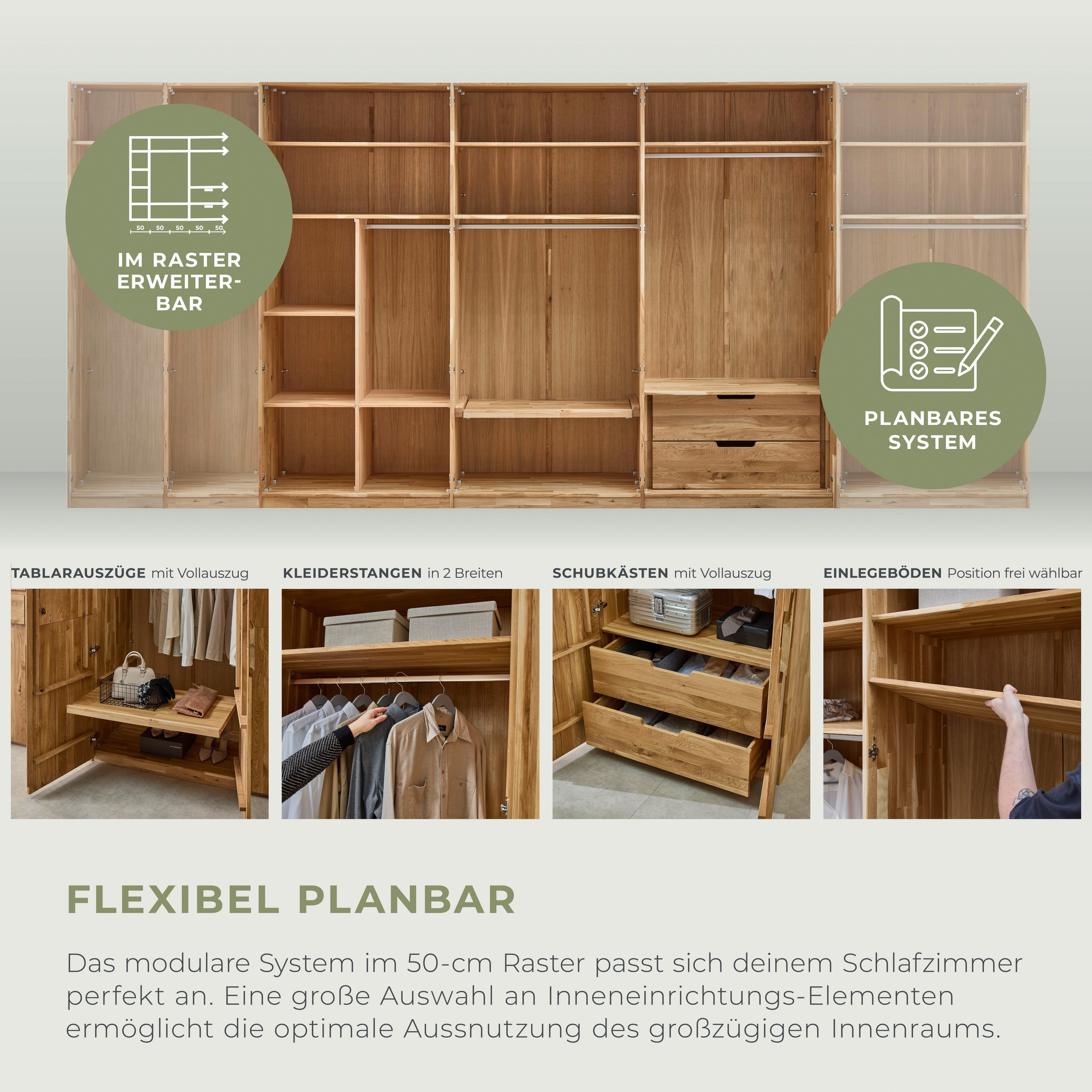 Home affaire Kleiderschrank Azelie, aus Wildeiche Massivholz-Kleiderschrank, im 50 cm Raster planbar