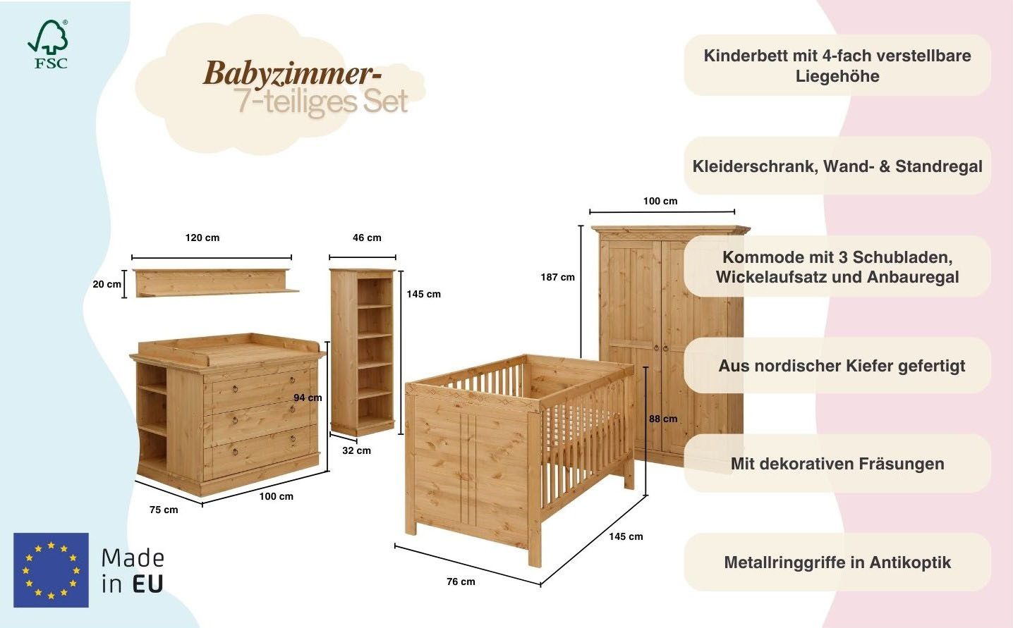 Lüttenhütt Indra Baby Room Complete Set, FSC® certified solid wood, convertible to a youth room (value set, 7-piece, wardrobe, bed, chest of drawers + top unit, base, wall & freestanding shelves), solid pine, 7-piece set, certified quality, durable