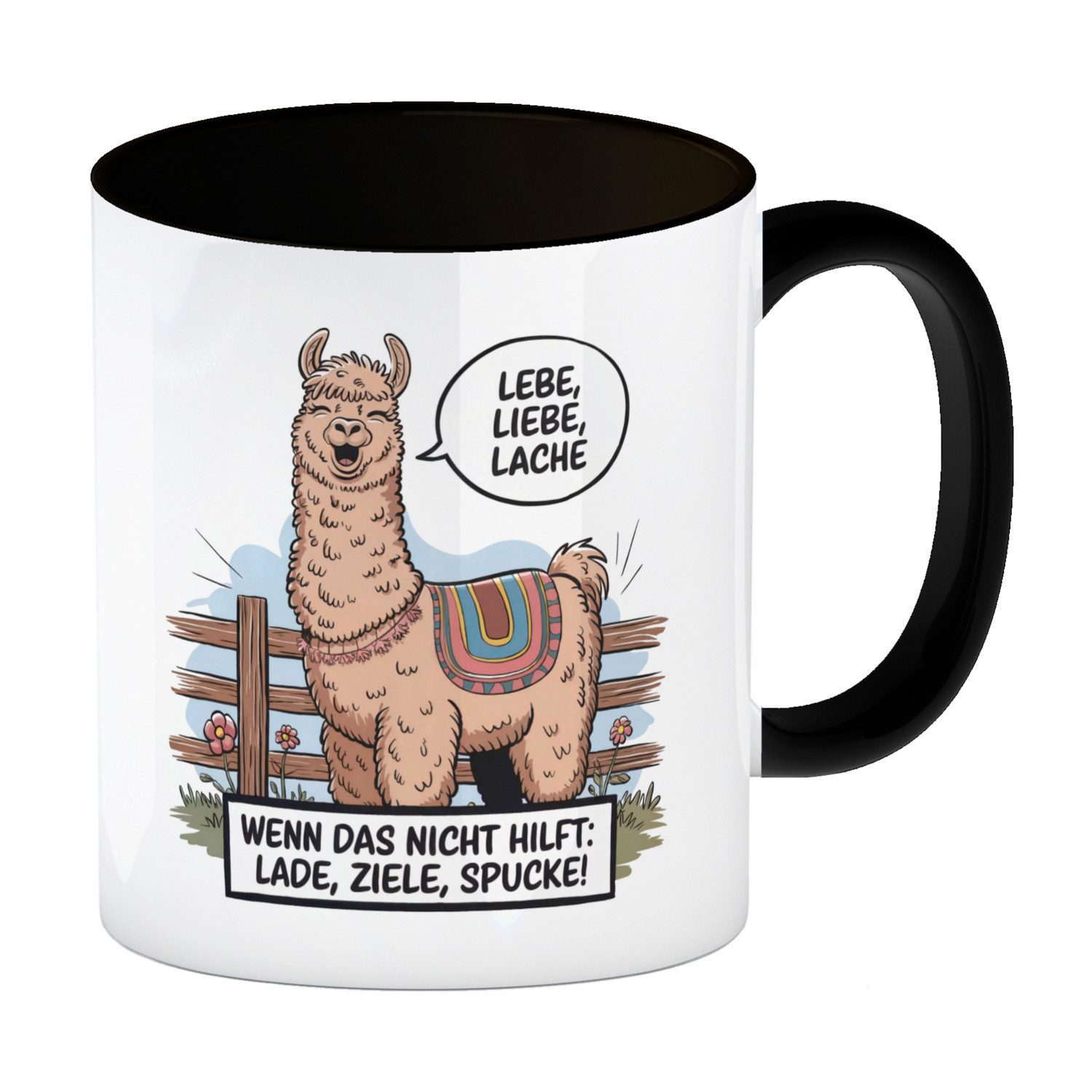 Tasse Lachendes Lama - Lebe liebe lache Kaffeebecher in schwarz