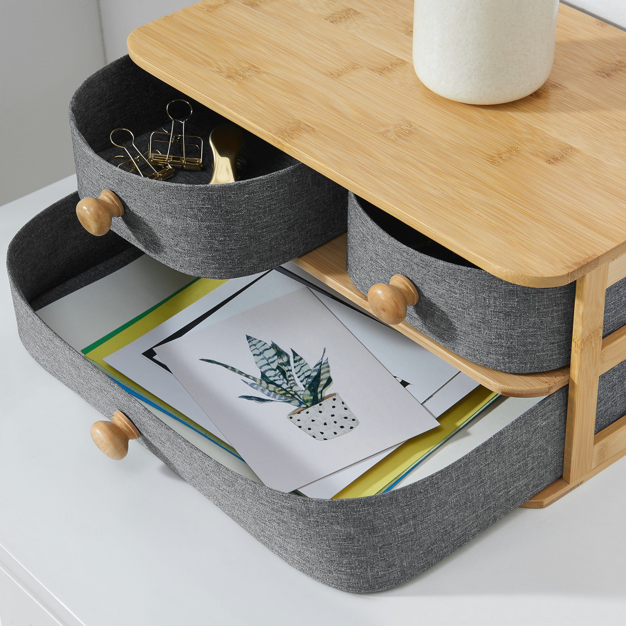 Natur/Grau »Mäntsälä« Schubladen Bambus Organizer 3 en.casa Schreibtisch Schubladenbox,