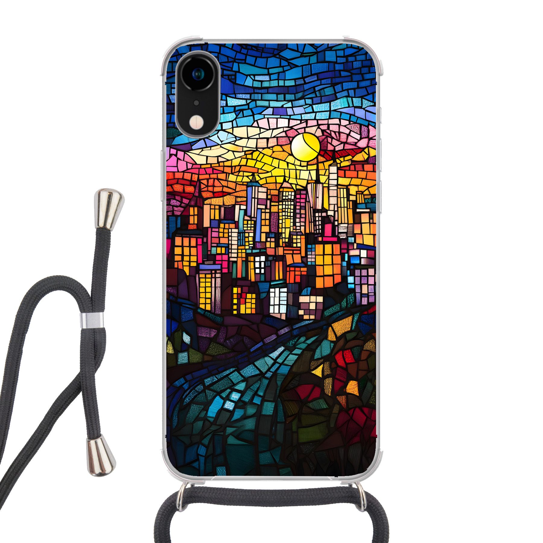 MuchoWow Handyhülle für Apple iPhone XR Stadt - Mond - Mosaik - Farbenfroh, Tragbare Handyhüllen mit Kette zum umhängen, Handykette Handyband