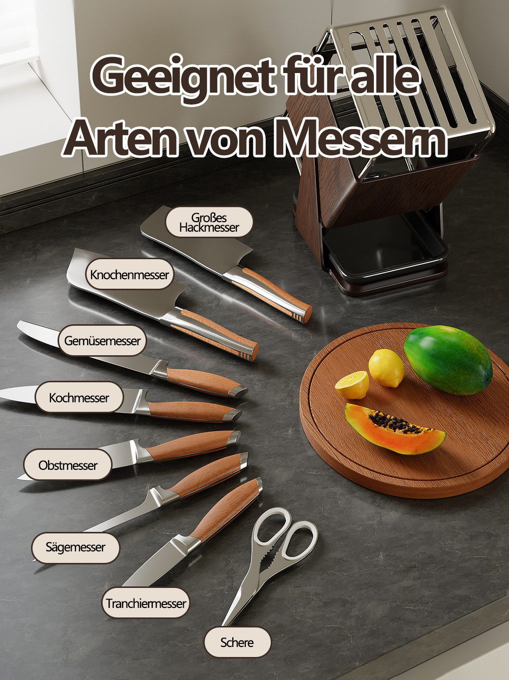 Jumpeak Messerblock verschiedene Messer,einfach zu entnehmen,drehbar,Regal,Abtropfgestell, Regal mit Fächern,Küche,Arbeitsplatte,Abtropfgestell,Messerständer