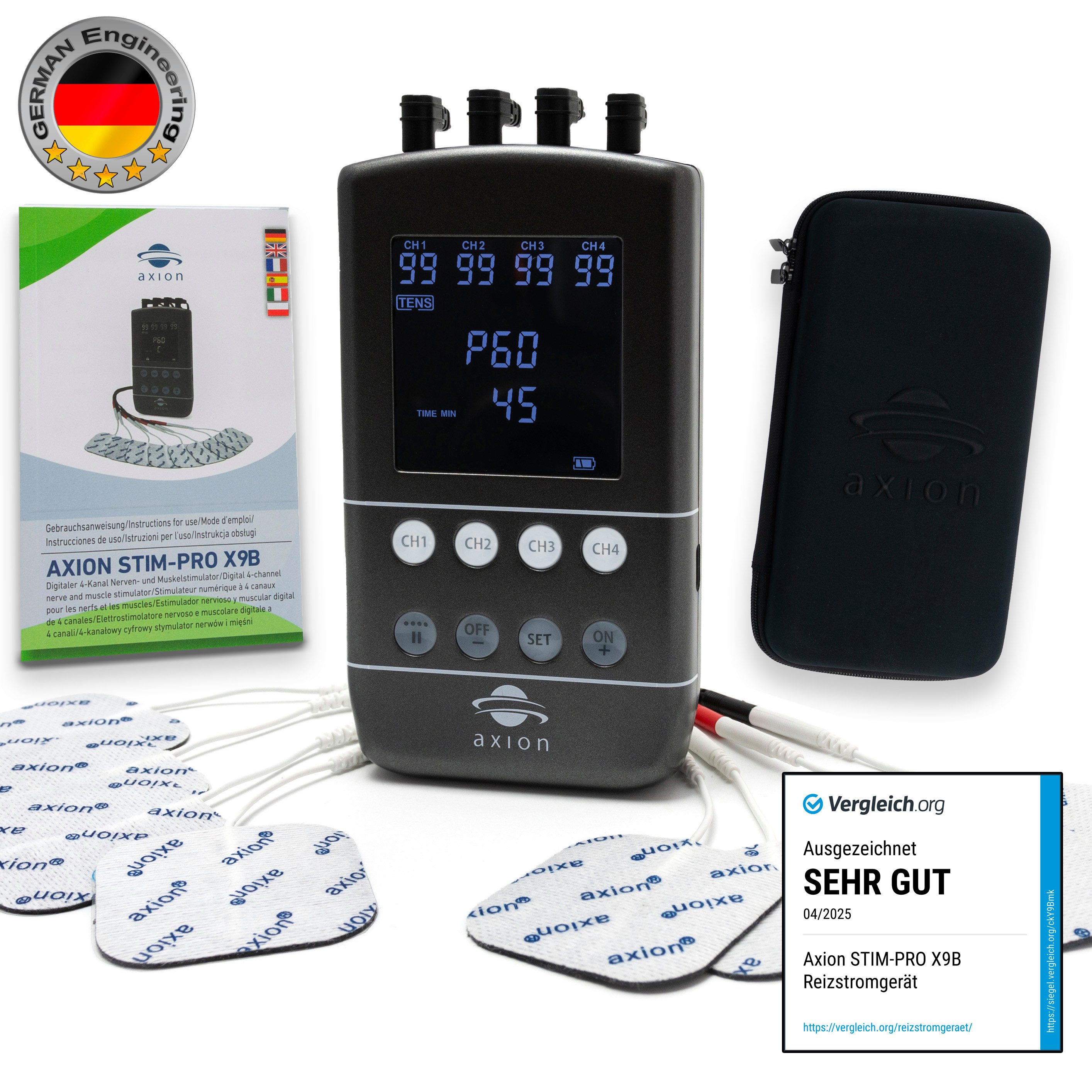 Axion TENS-EMS-Gerät STIM-PRO X9B 4-Kanäle zur Schmerztherapie, Muskelaufbau, Medizinprodukt nach MDR (EU) 2017/745