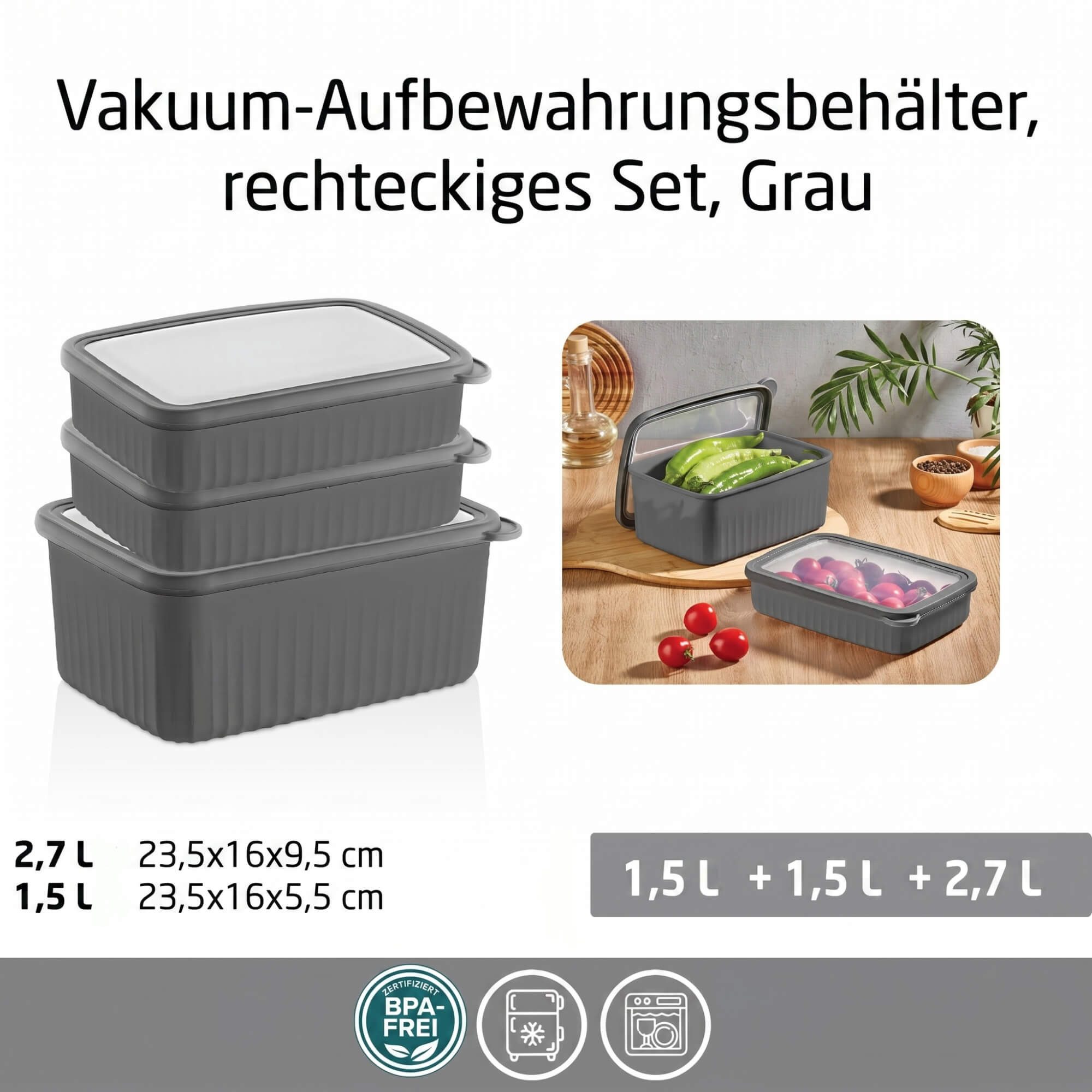 Vip Ahmet Vorratsdose Vorratsdosen mit Deckel Luftdicht, BPA-frei, (3er Set, 1x2,7L, 2x1,5L), Kunststoff, (3-tlg., 3er Set Vorratsdosen mit Deckel, 1x2,7L, 2x1,5L), 3-teiliges Set