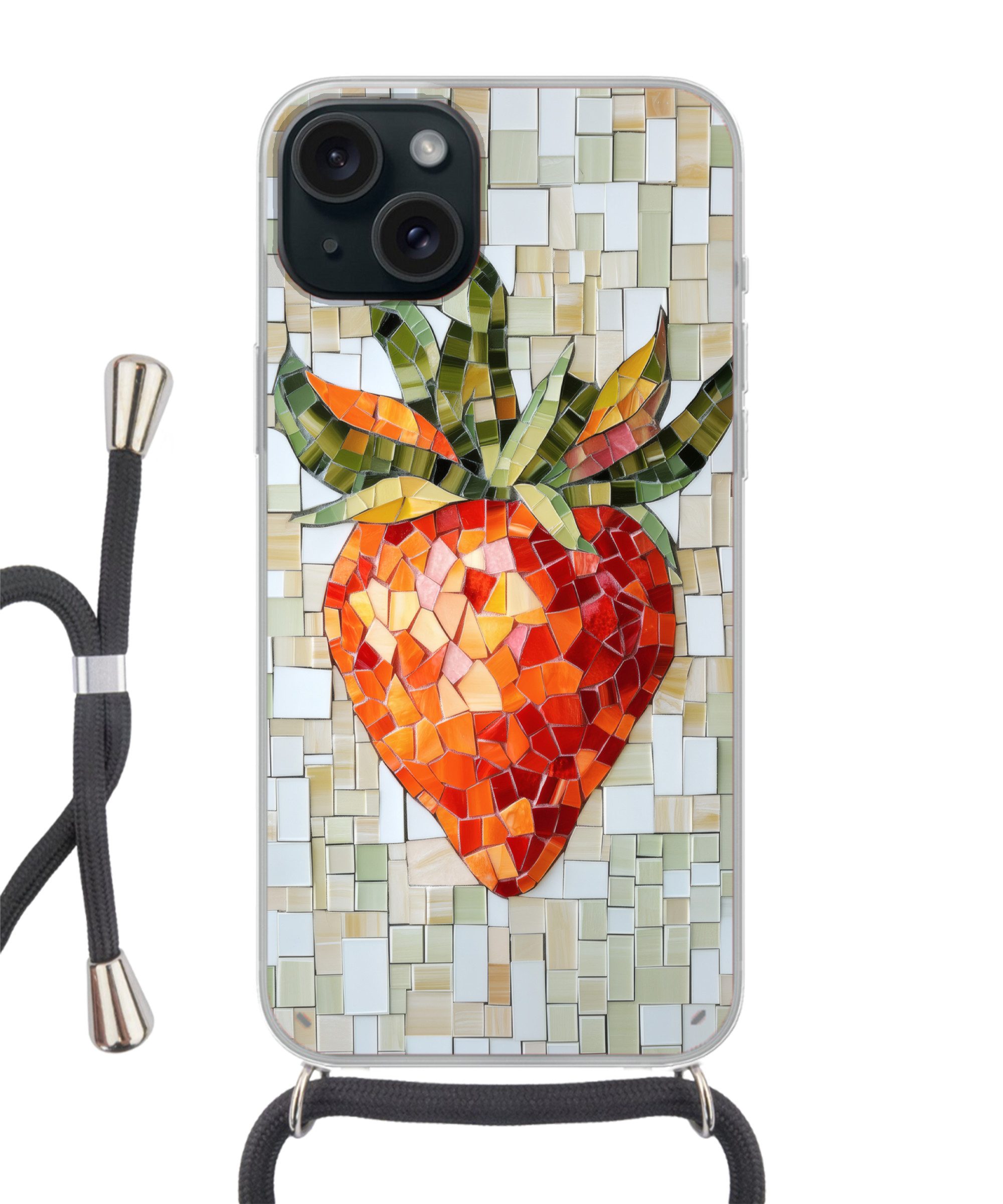 MuchoWow Handyhülle für Apple iPhone 15 Plus Erdbeere - Rot - Mosaik - Obst, Tragbare Handyhüllen mit Kette zum umhängen, Handykette Handyband
