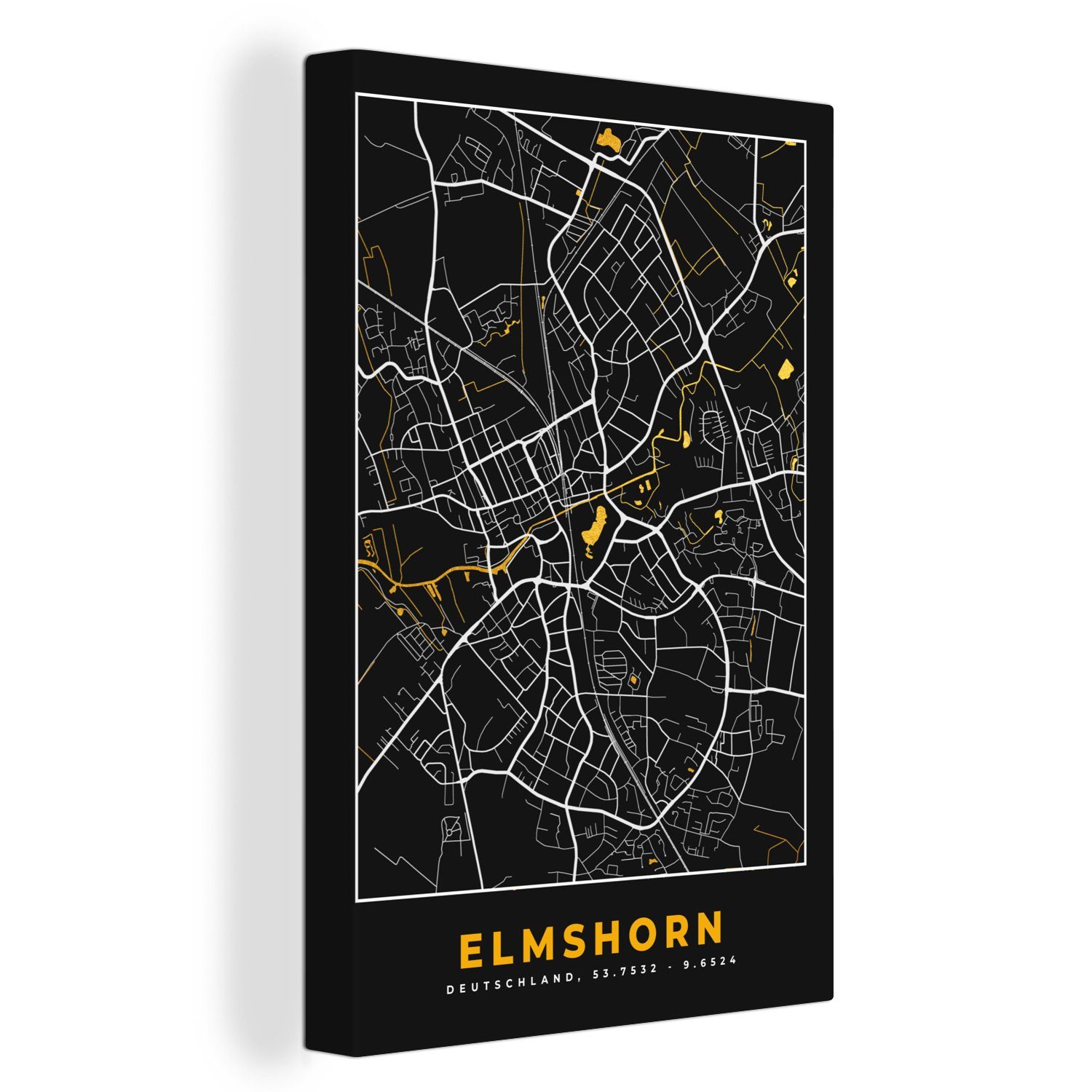 Schwarz - und bespannt Gold fertig Elmshorn Karte, OneMillionCanvasses® cm - Gemälde, (1 inkl. Deutschland Zackenaufhänger, - - Leinwandbild Stadtplan St), 20x30 Leinwandbild