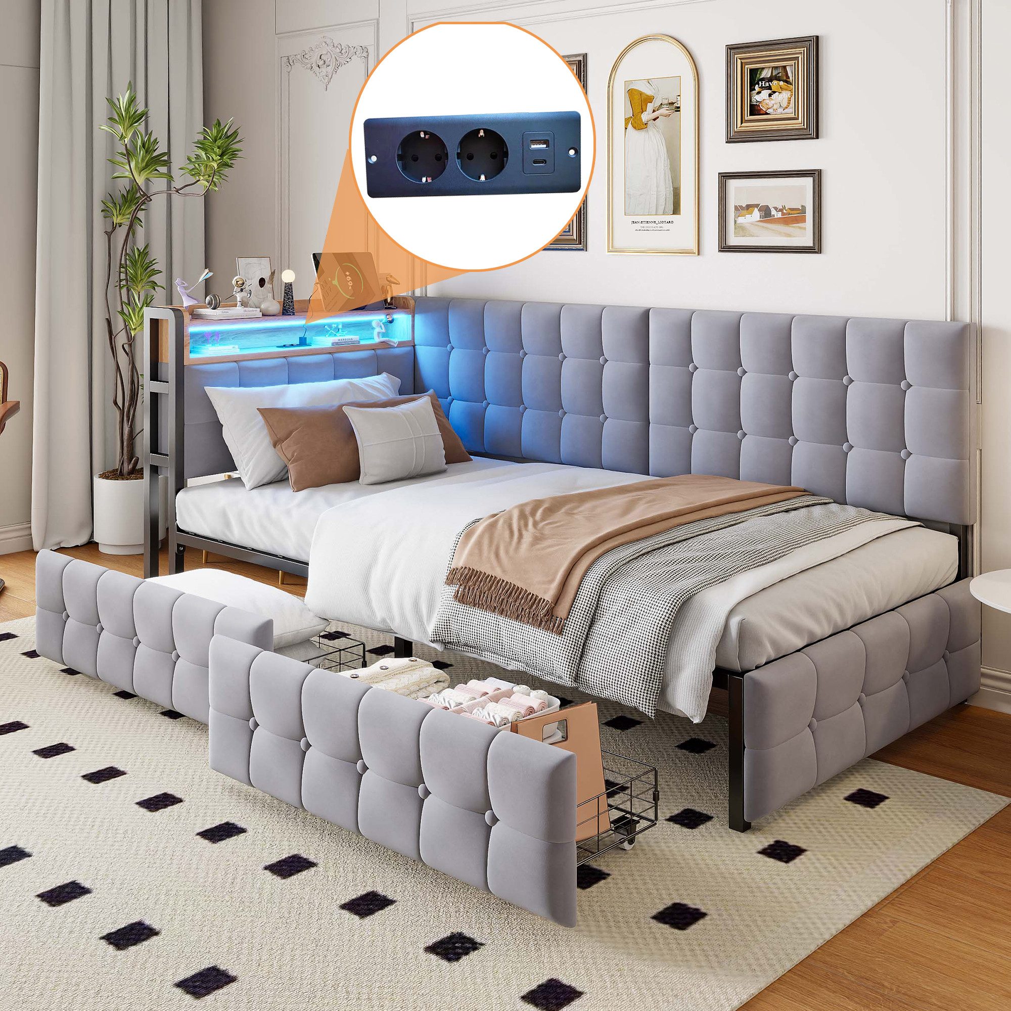 KLAM HOME Schlafsofa 90 X 200cm Gepolstertes Schlafsofa mit USB- und Typ-C-Anschluss, multifunktionales Kinder-Bootsbett, Schlafsofa Einzelbett Beige – Bild 3 von 5