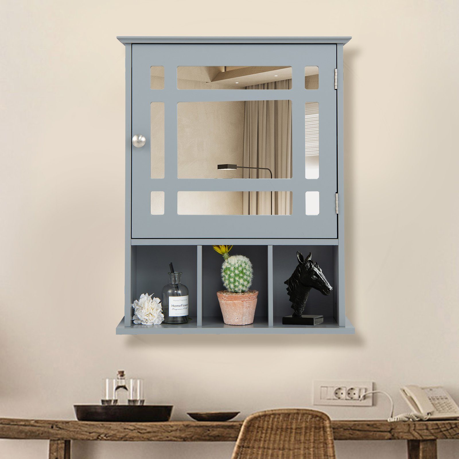 COSTWAY Badezimmerspiegelschrank mit verstellbarem Einlegeboden offenen Fächern 3 grau und