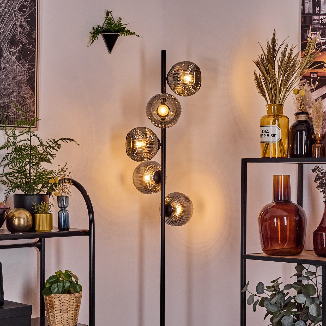 hofstein Stehlampe Stehlampe aus Metall/Riffelglas, Schwarz/Rauch, Retro/Vintage-Design, ohne Leuchtmittel, moderne Stehleuchte, Ø Schirme 15 cm, Fußschalter, 160 cm, E14