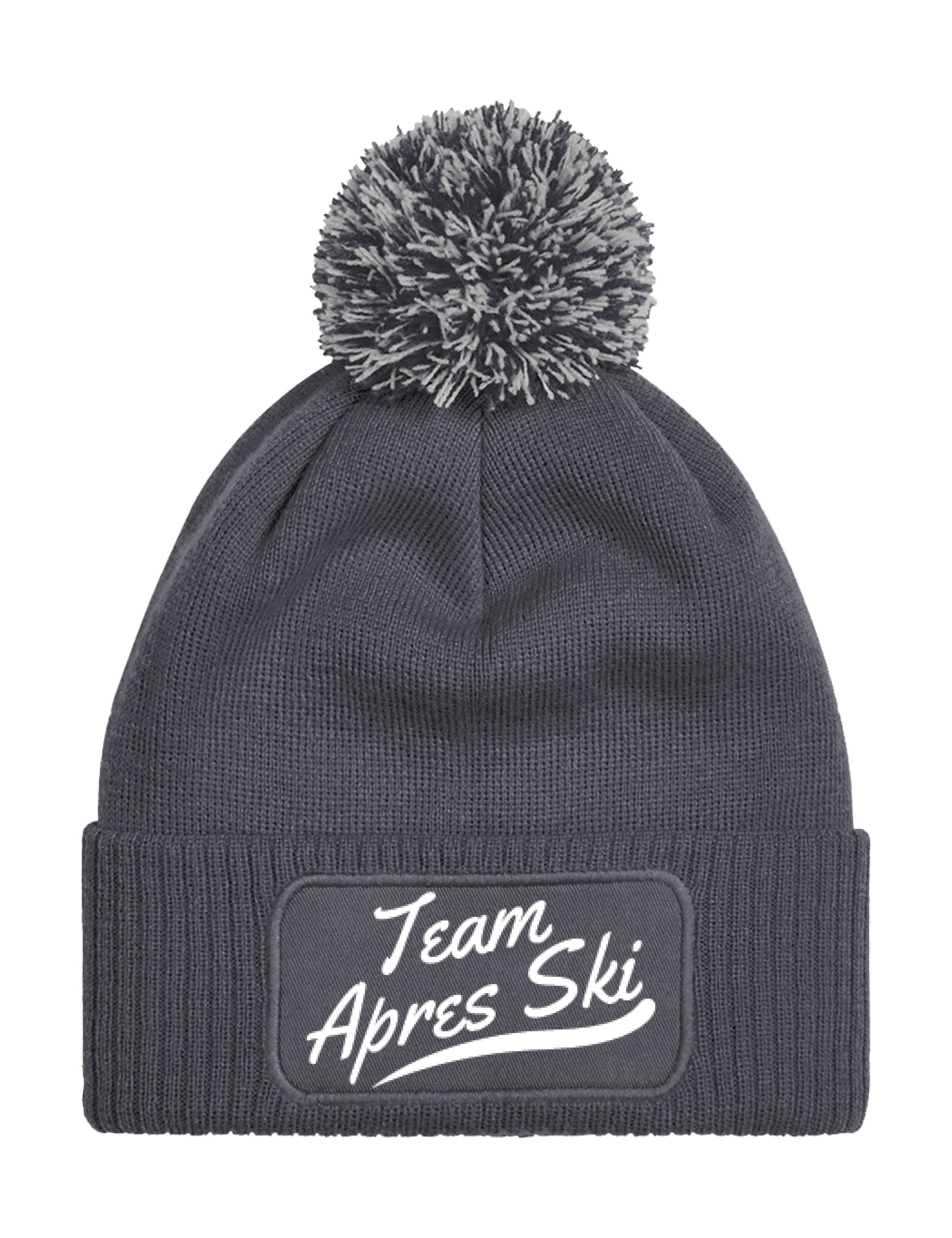 Beanie Unisex Strick Bommel Beanie Mütze mit Team Apres Ski Aufdruck