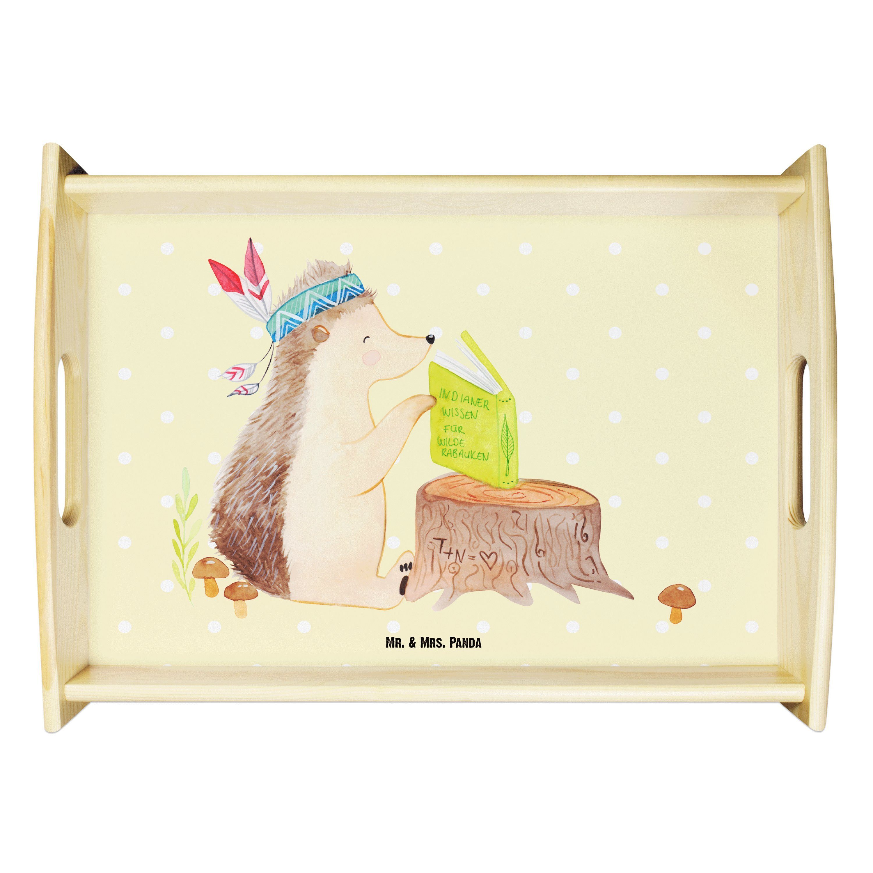 Mr. & Mrs. Panda (1-tlg) Geschenk, Igel Federkopfschmuck Frühstückstablet, Echtholz - - Gelb Pastell Tablett lasiert, mit