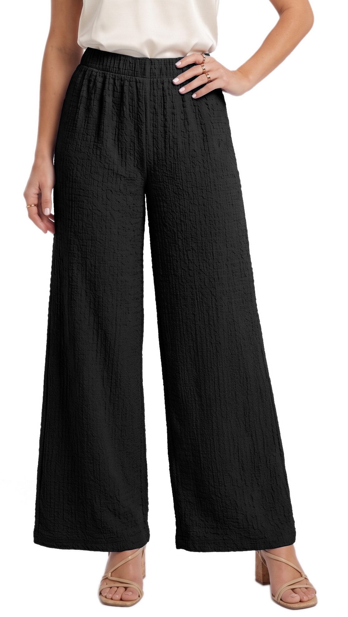 Palazzohose Damen Palazzohose High Waist Sommerhose Weit Bein Hose Knitter-Optik