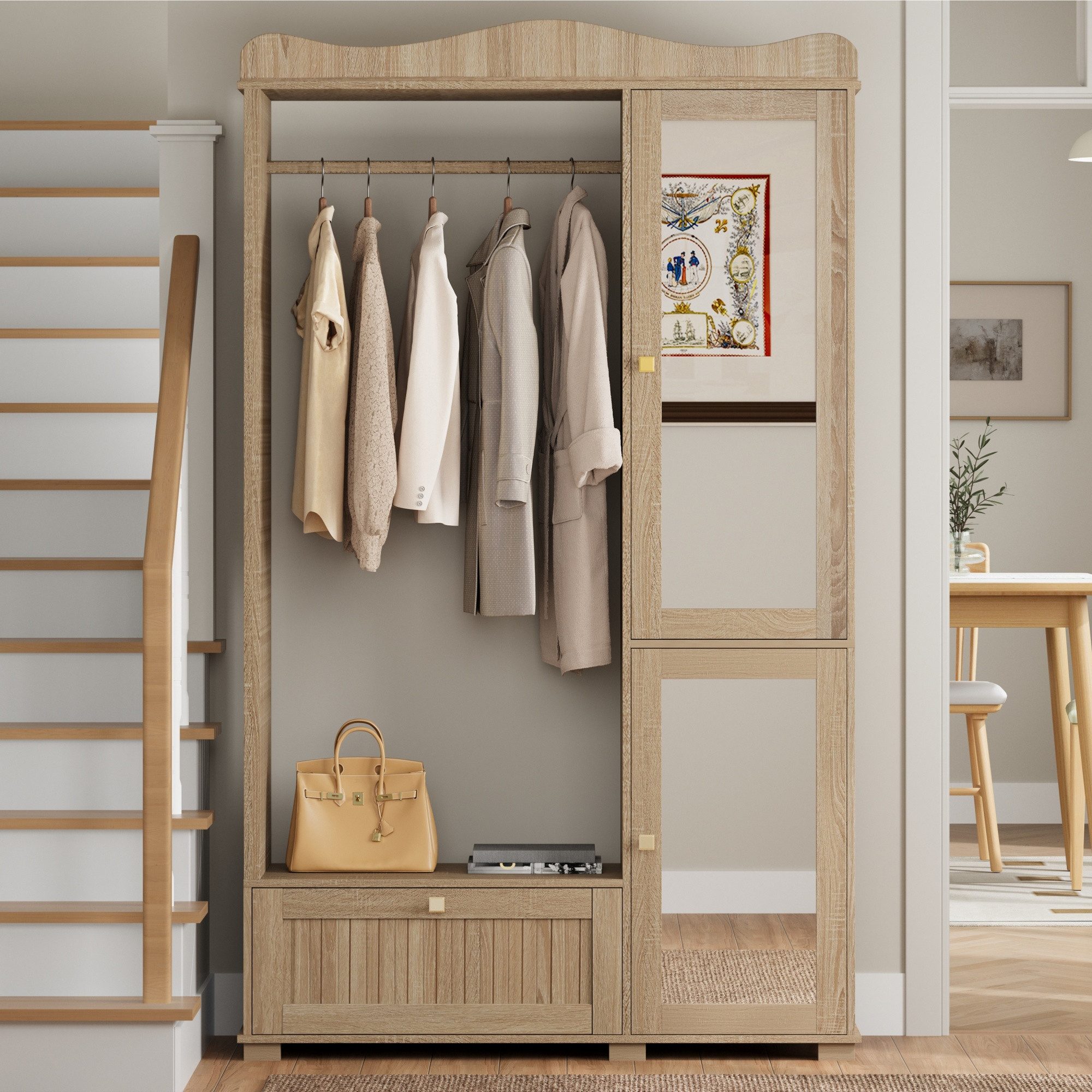 Merax Garderobenschrank mit Spiegel und Offener Kleiderständer, 115,5×38,5×194,5cm (1-St) Kompaktgarderobe mit Schublade & 2 Türen für Schlafzimmer und Flur