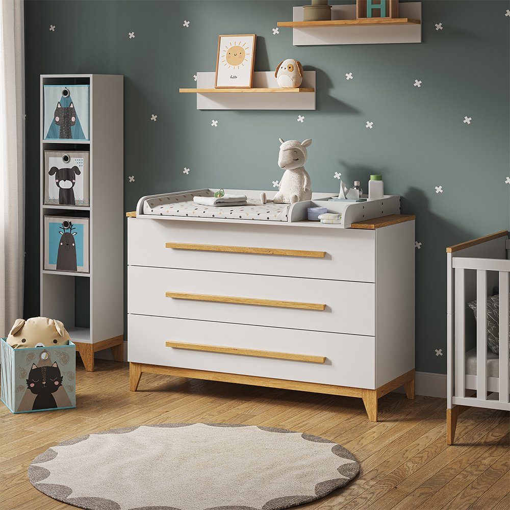 VitaliSpa® Wickelkommode Malia, Weiß/Eiche, 133 x 98 cm XL mit 3 Schubladen