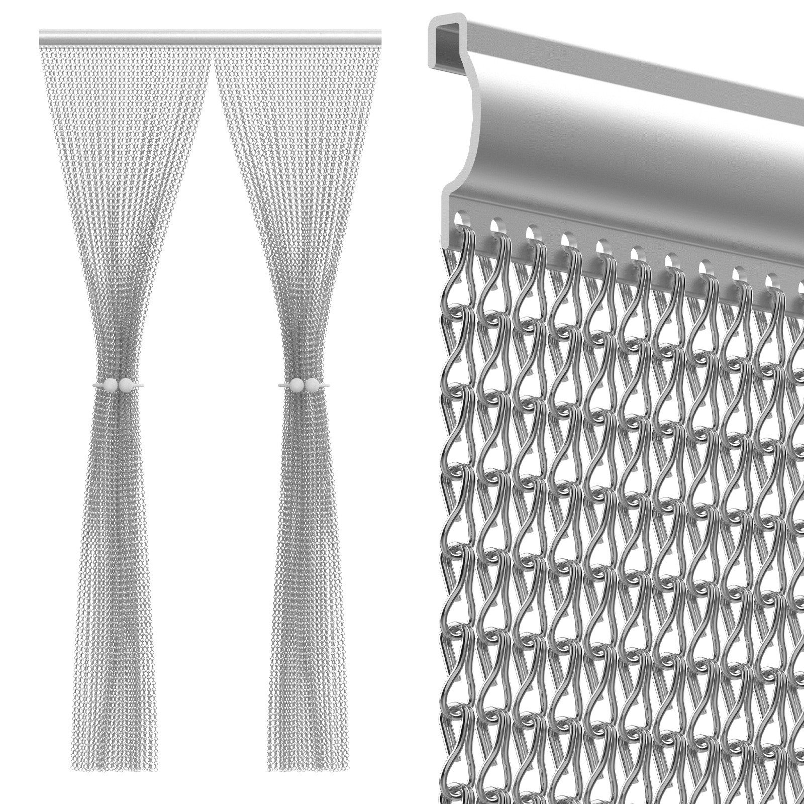 Huracan Insektenschutz-Vorhang Aluminium Fliegenvorhang Kettenvorhang, (Fliegengitter Türvorhang Insektenschutz, Rostfrei Wetterfest Fliegenkettenvorhang für Tür Balkon Terrasse), Leise Robust Pflegeleicht, 90x210cm Grau
