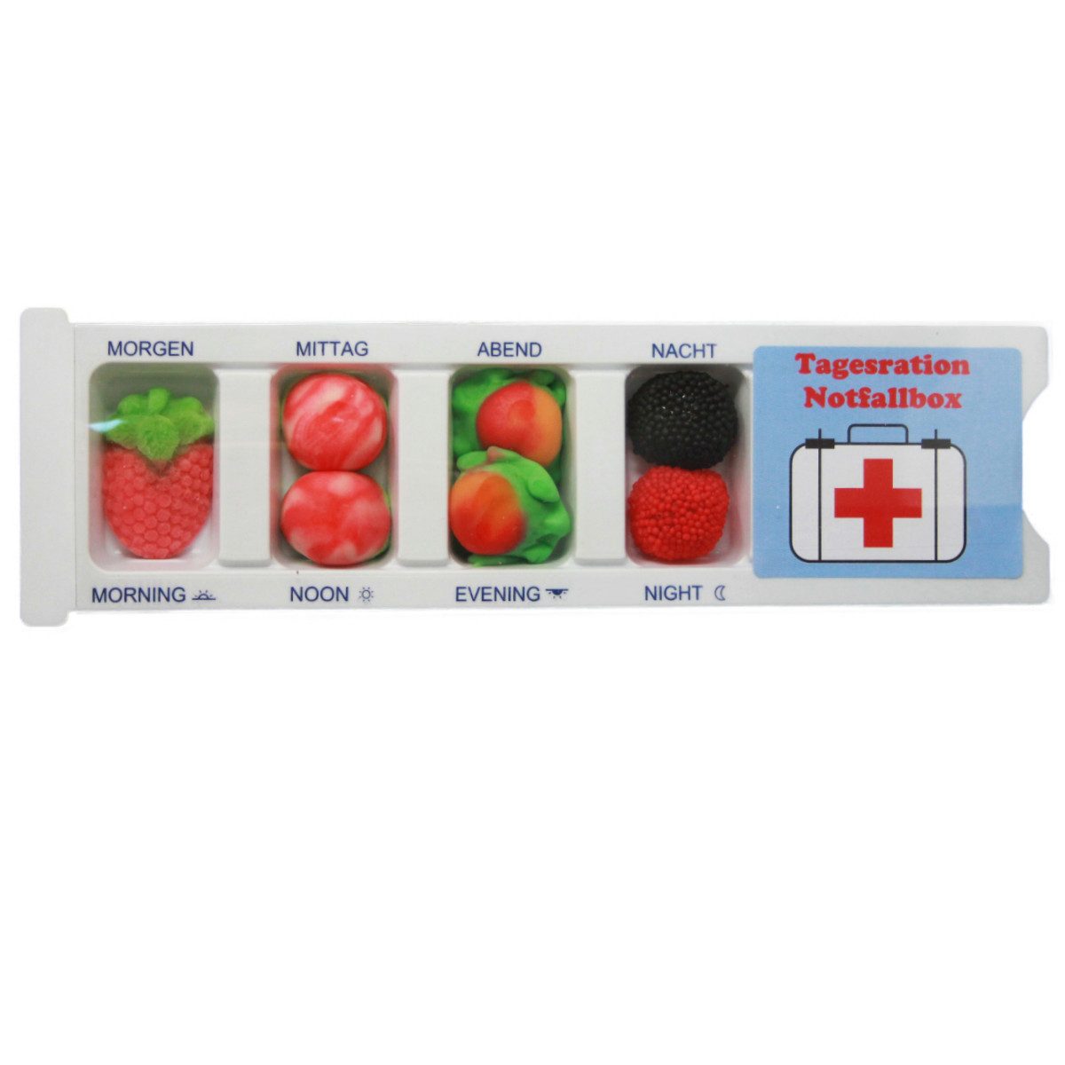 Fruchtgummi Bären & Co. Süßigkeit, Tablettenbox Notfall gefüllt mit Fruchtgummi Scherzartikel 25g